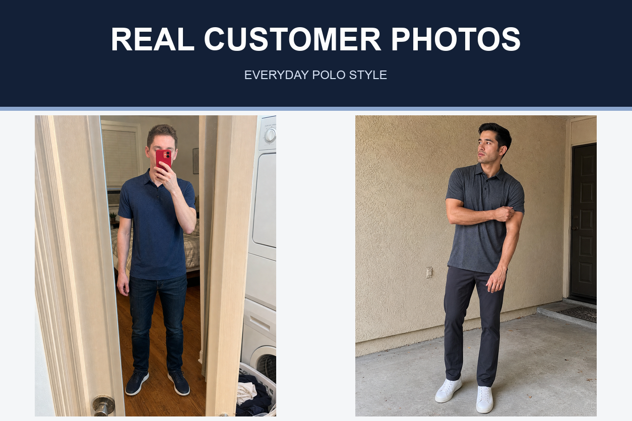 Customer-style photos wearing navy and charcoal polos