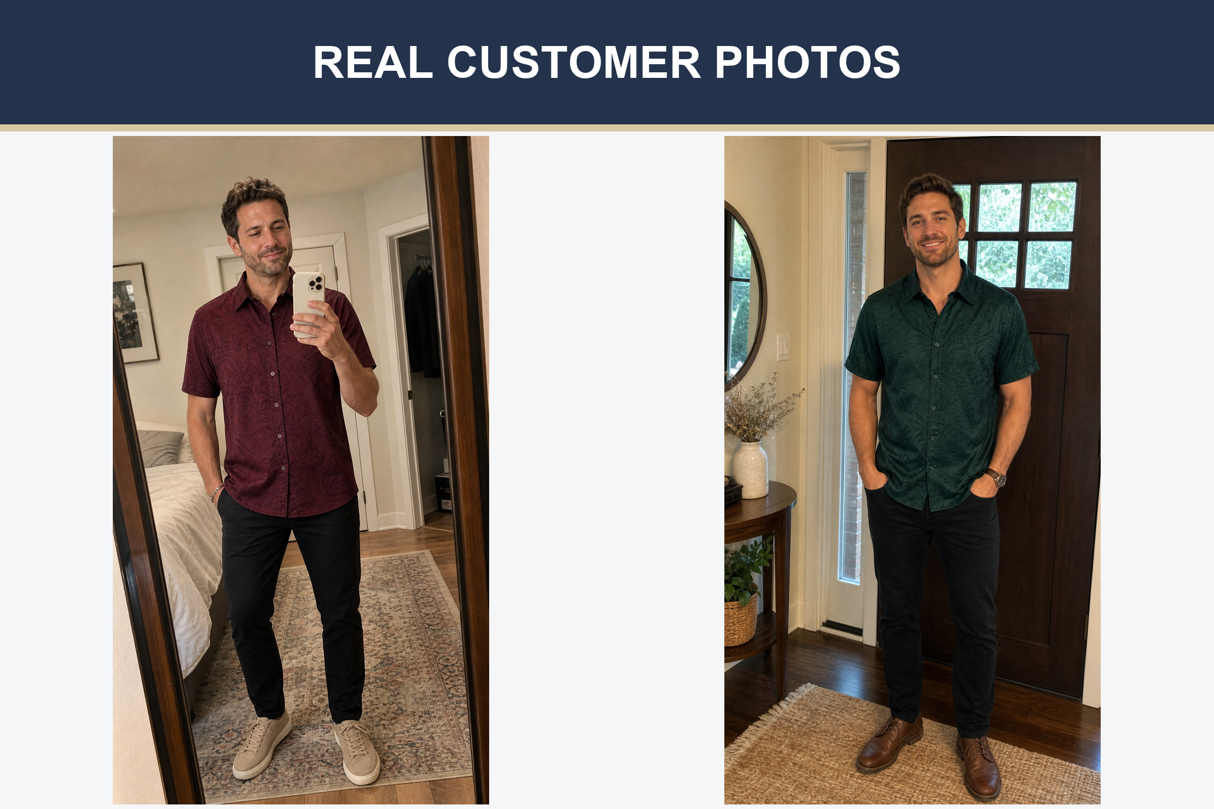 Real customer photos wearing burgundy and forest green jacquard shirts