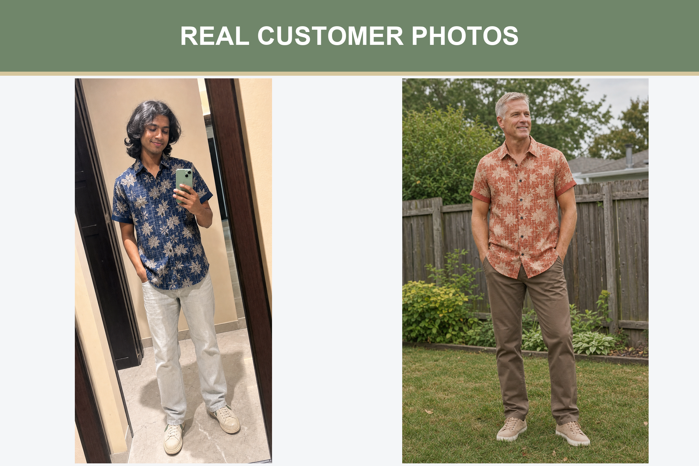 Real customer photos showing floral shirt fit