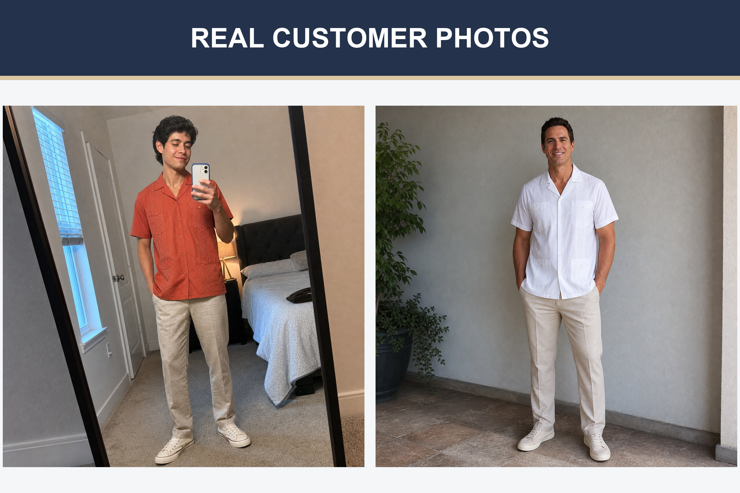 Customer-style photos wearing terracotta and white guayabera shirts