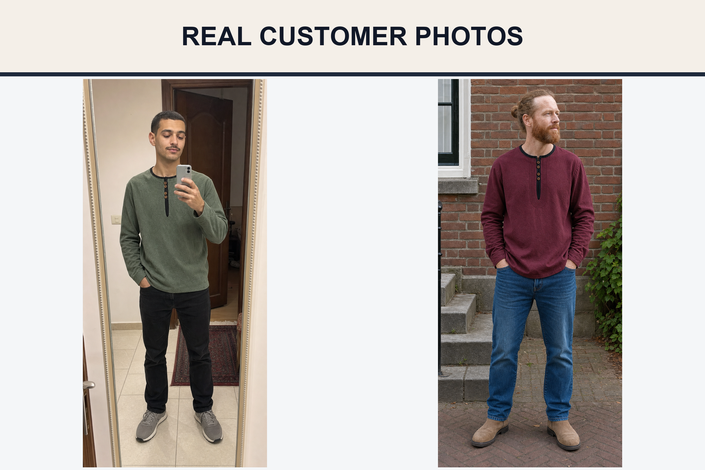 Real customer Henley photos in forest green and burgundy wine