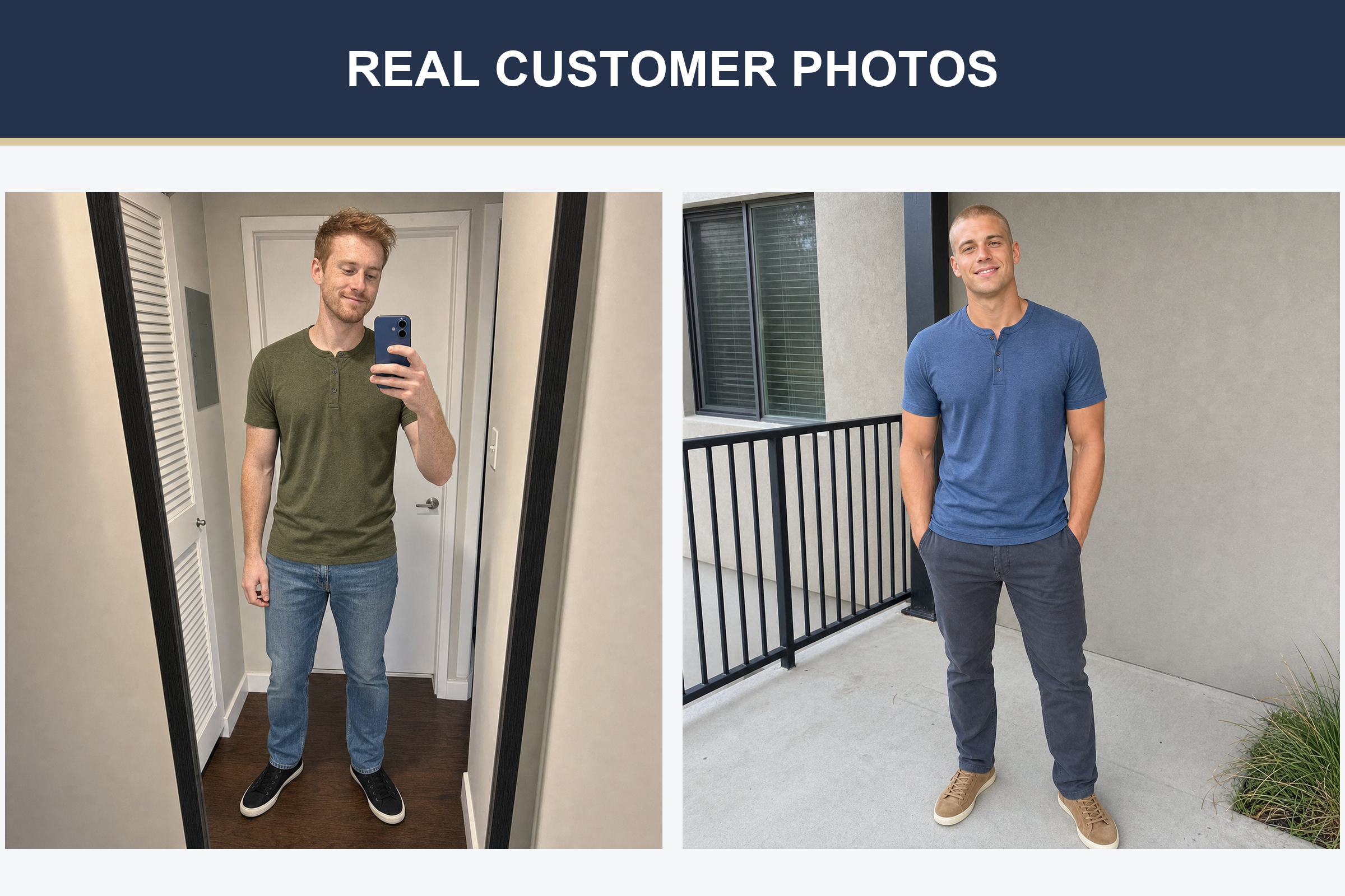 Real customer Henley shirt photos in olive and slate blue