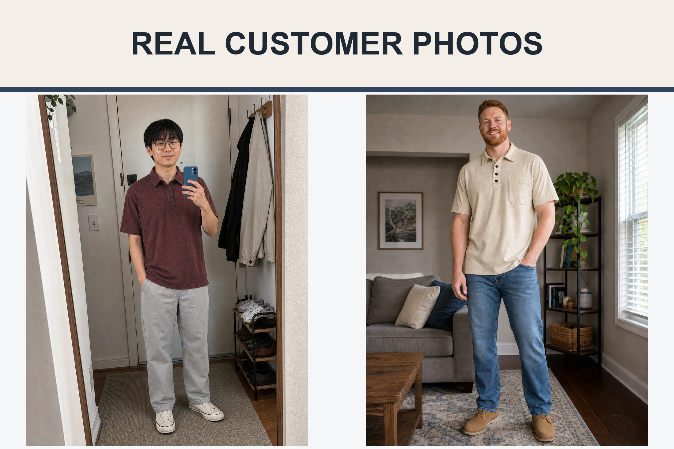 Real customer photos wearing burgundy and cream polos