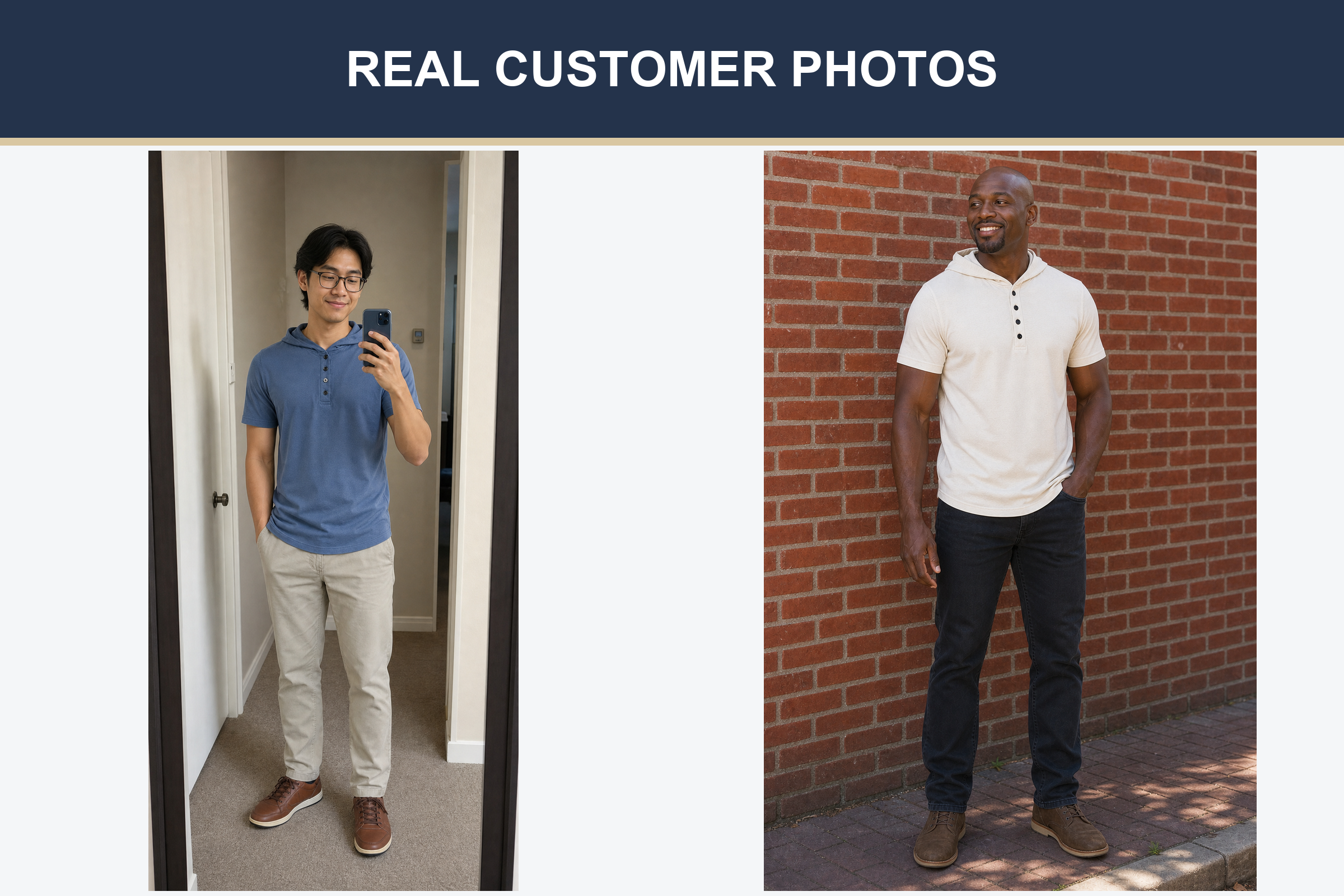 Real customer hooded Henley photos in slate blue and ivory
