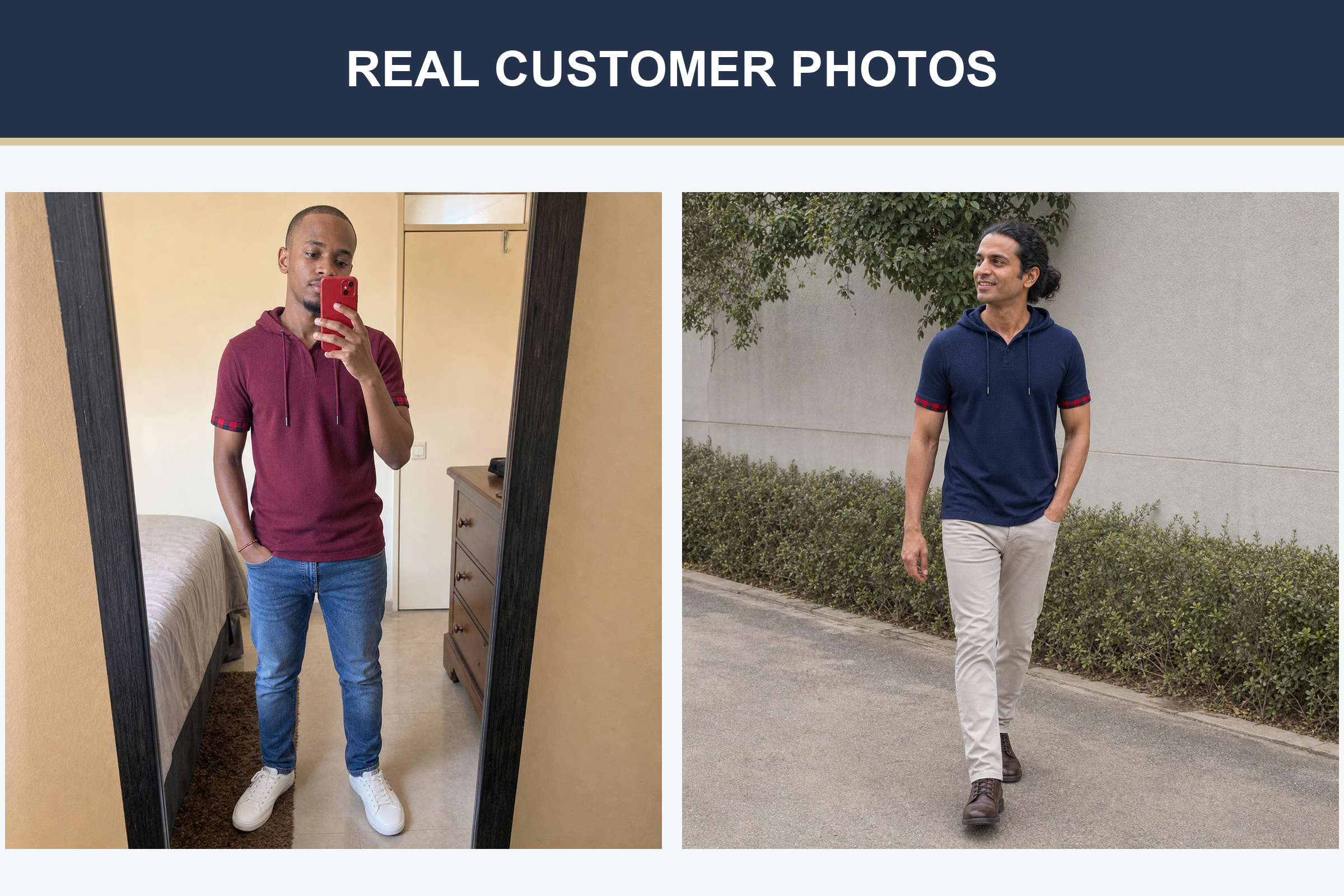 Real customer photos in burgundy and navy hooded Henley shirts