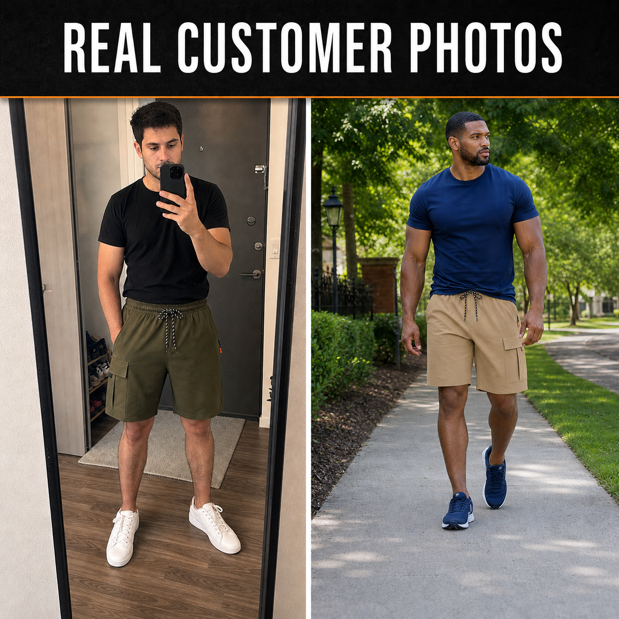 Customer-style photos wearing olive and khaki cargo shorts