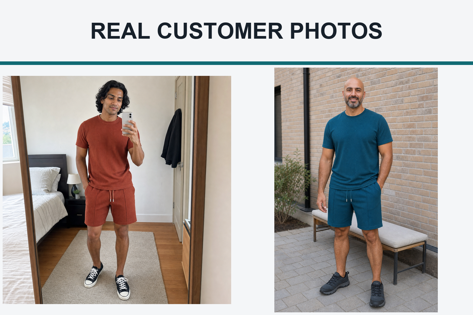 Real customer photos wearing rust and deep teal waffle sets