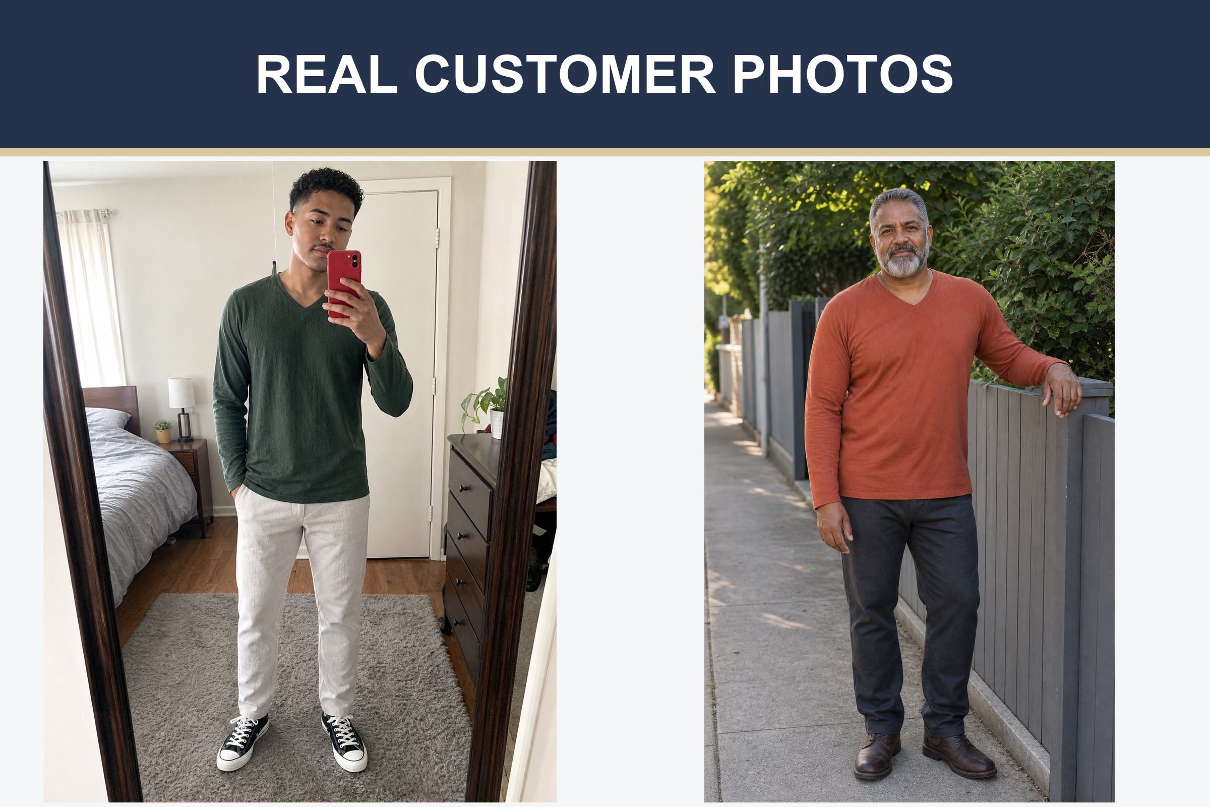 Real customer V-neck shirt photos in forest green and rust