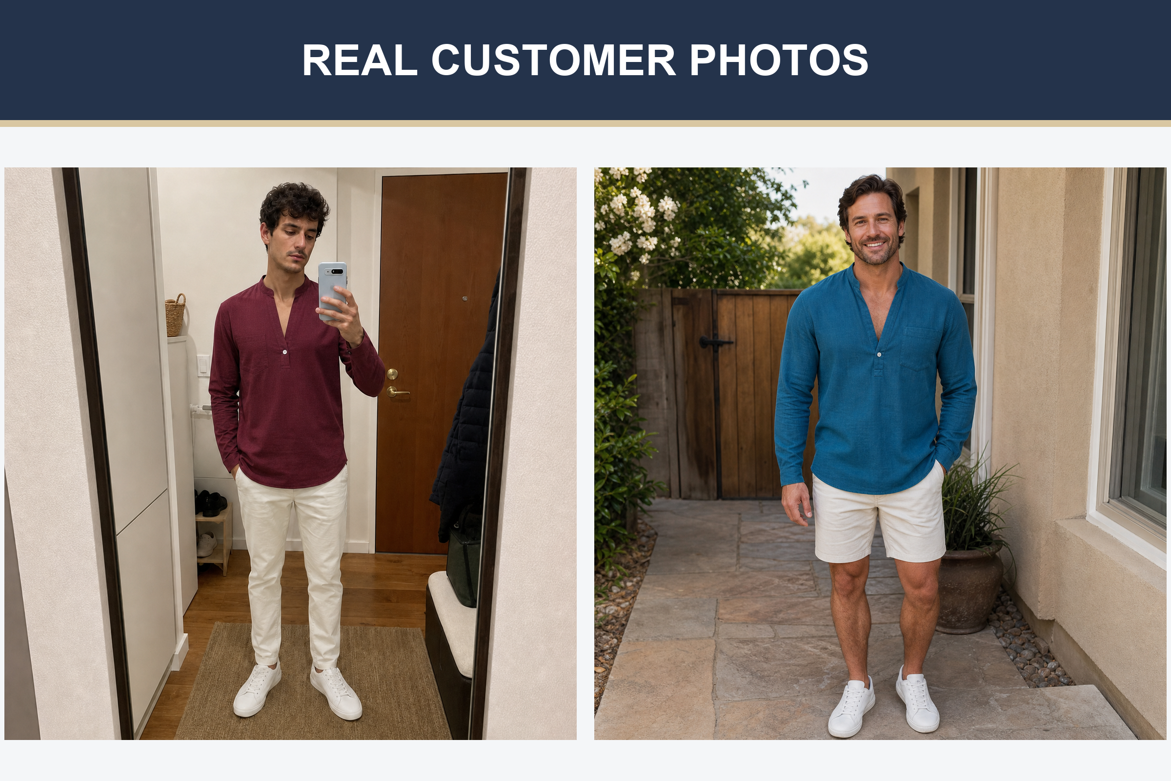 Real customer split-neck shirt photos in burgundy and teal
