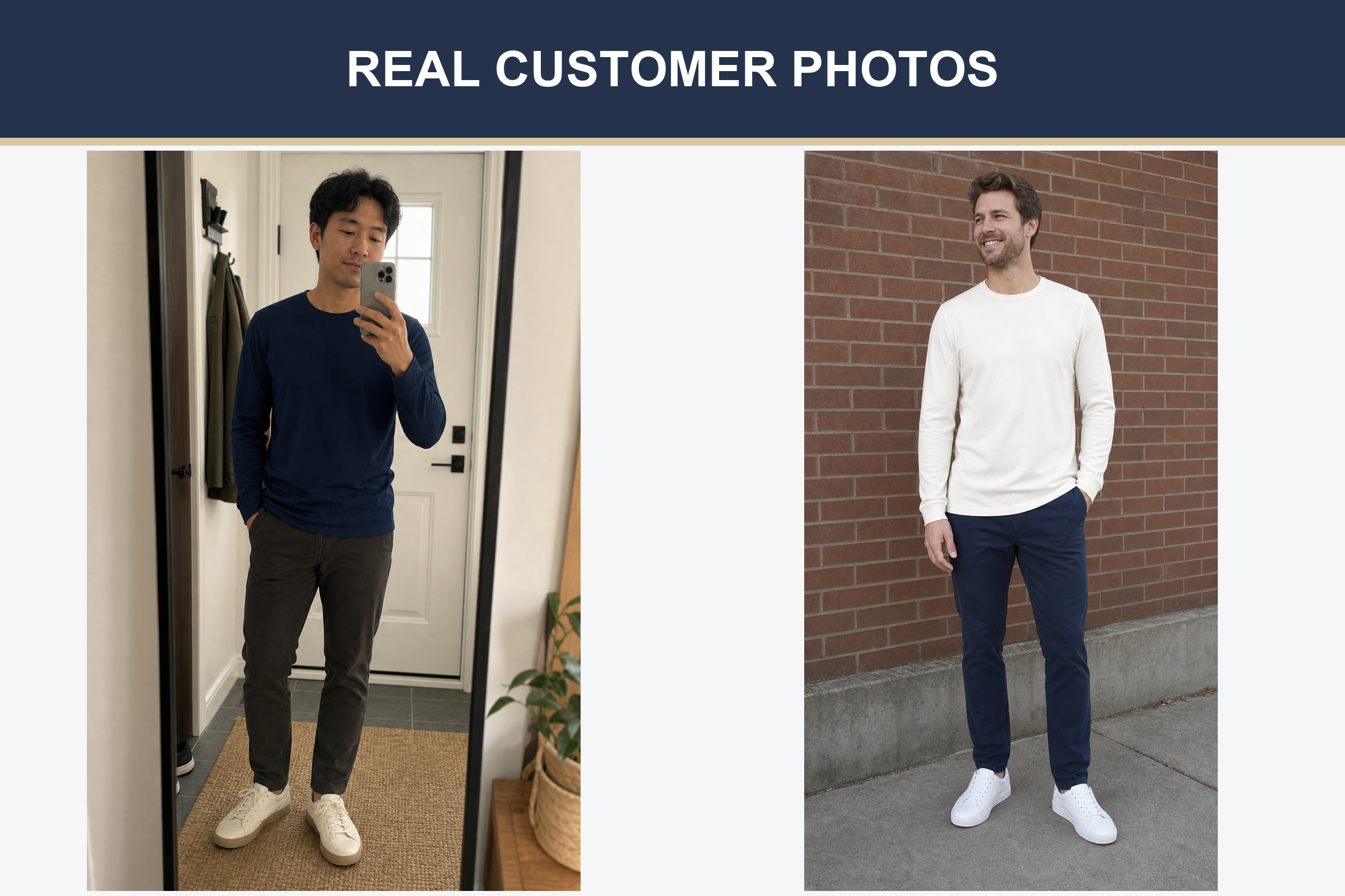 Real customer photos wearing navy and ivory long-sleeve T-shirts