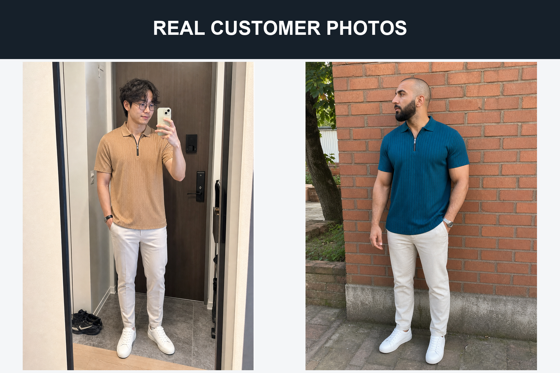 Real customer photos wearing camel and teal cable knit polos