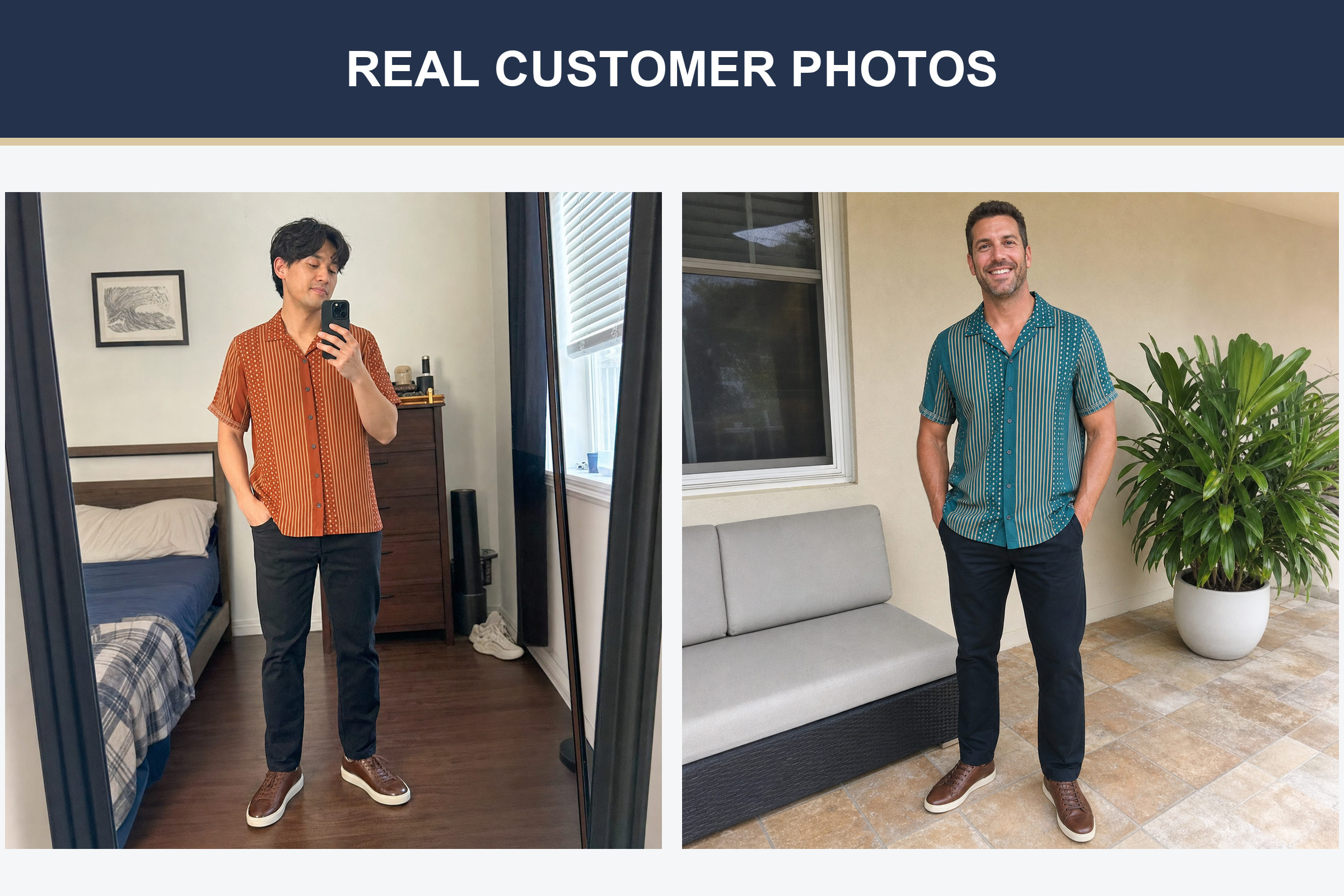 Real customer photos wearing rust and teal stripe shirts