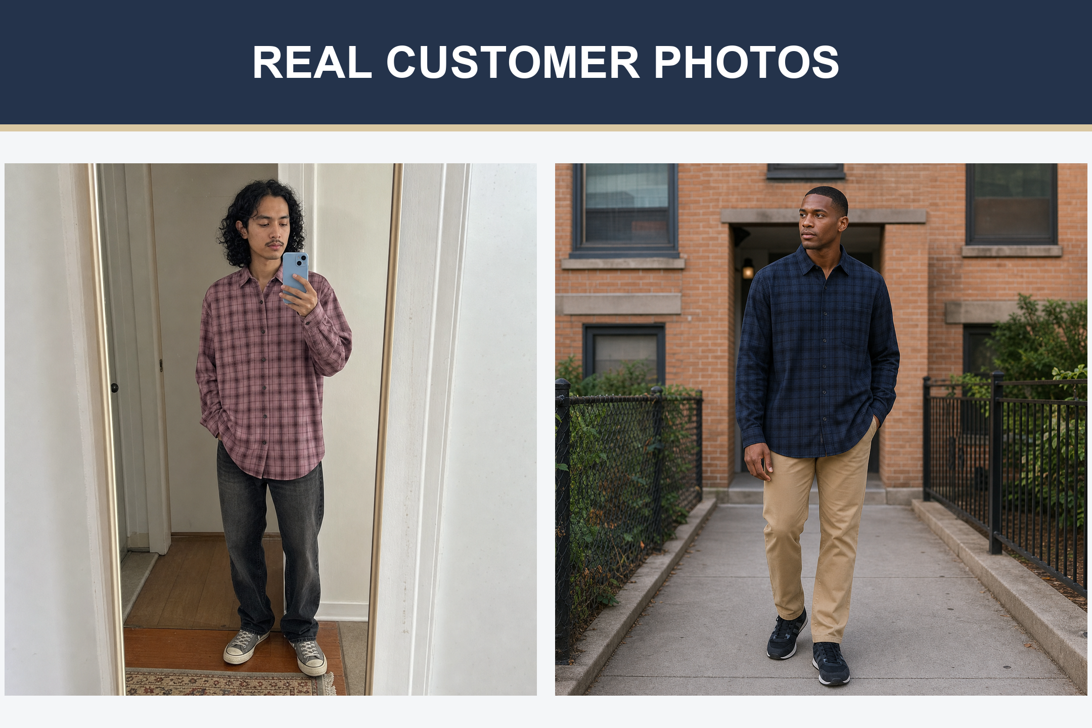 Real customer photos wearing dusty rose and navy plaid shirts