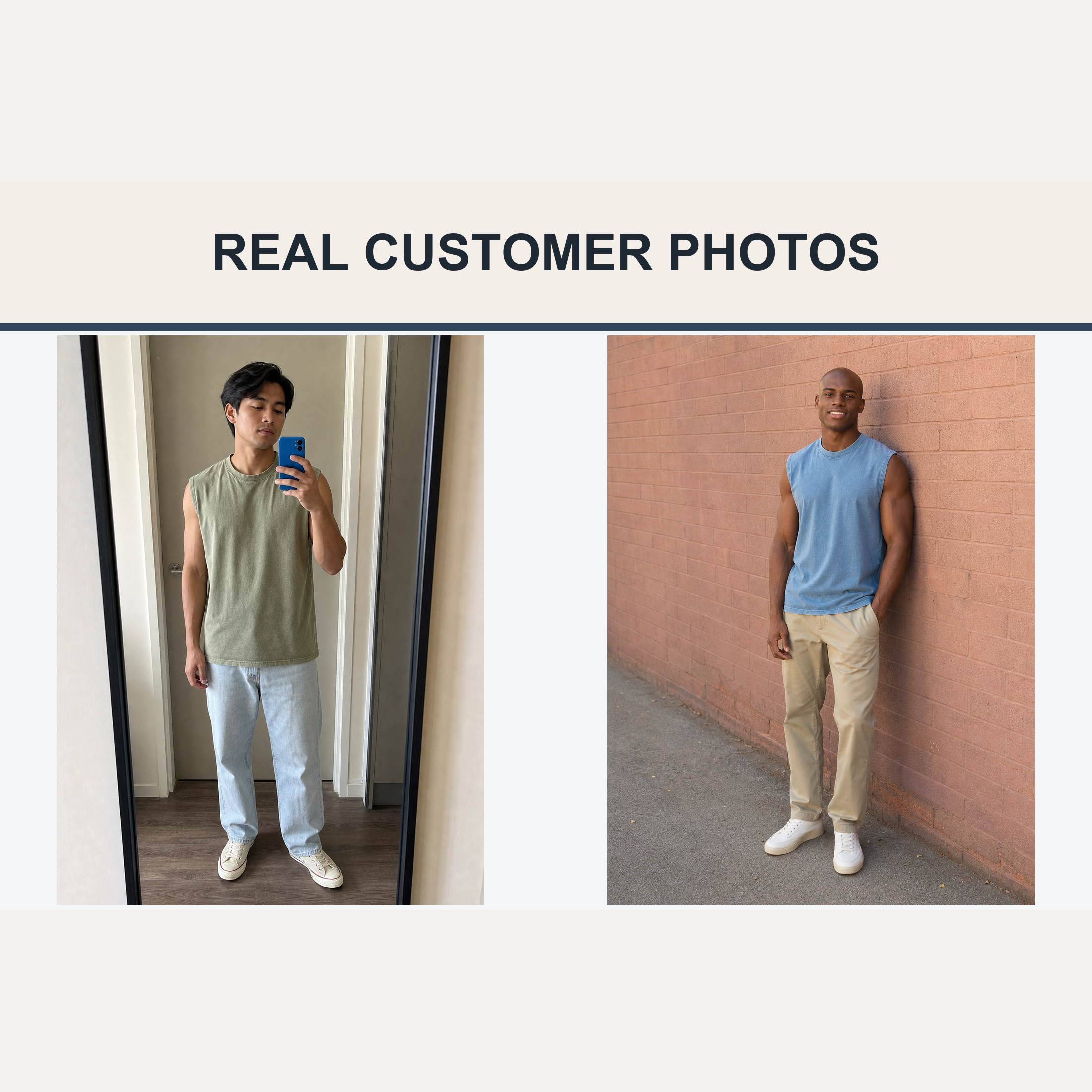 Real customer photos wearing sage and dusty blue sleeveless T-shirts