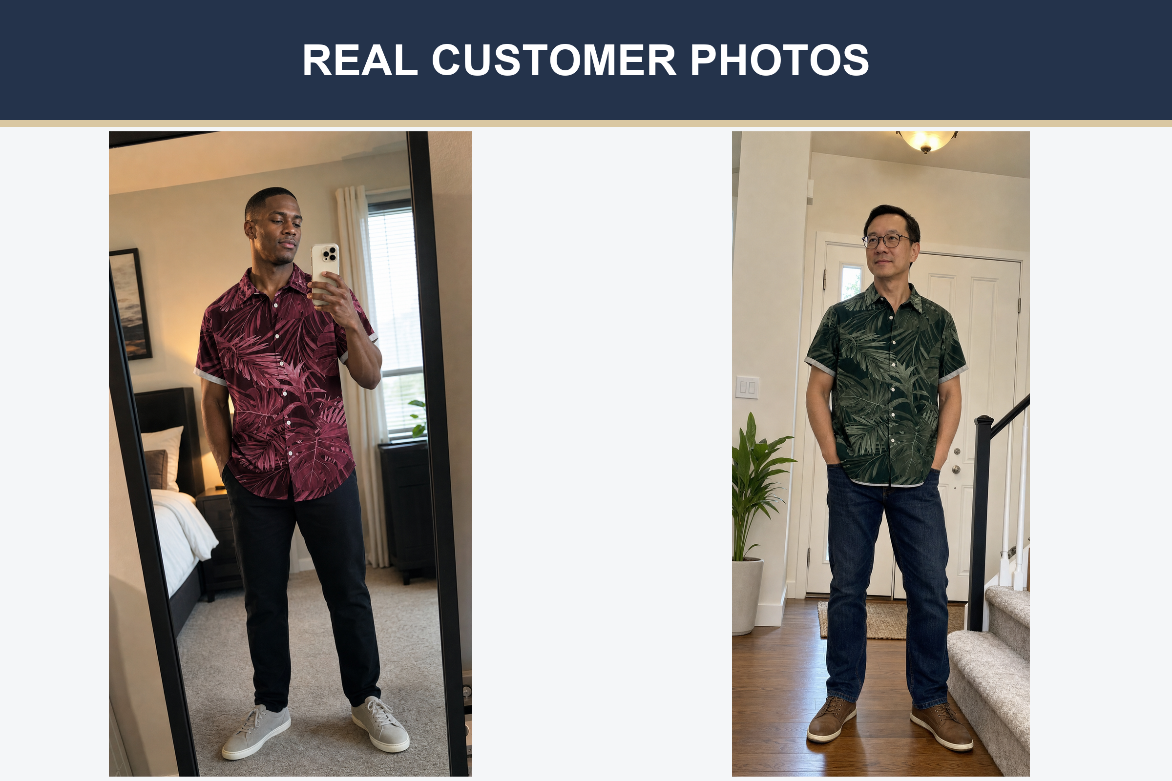 Real customer photos wearing burgundy and forest tropical shirts
