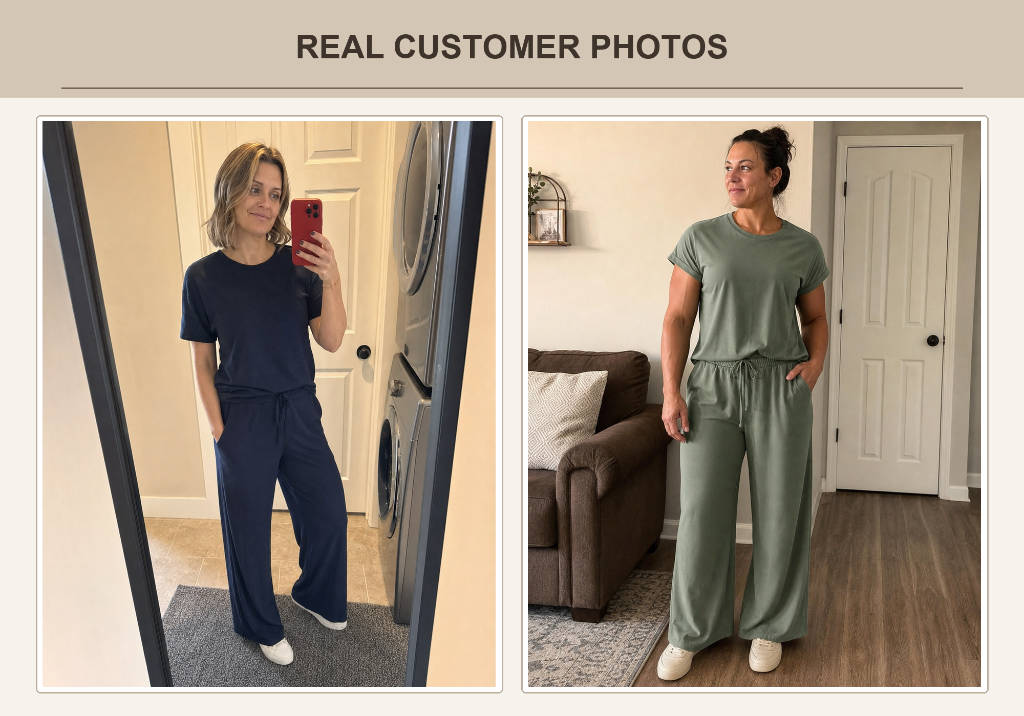 Real customer photos wearing deep navy and sage green matching sets