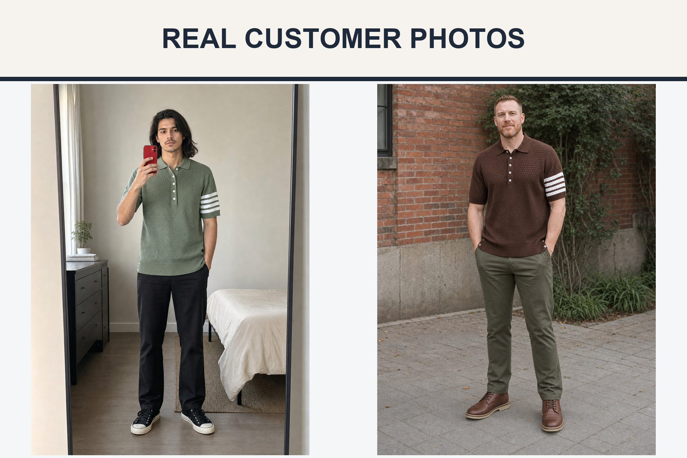 Real customer photos in sage and brown knit polos