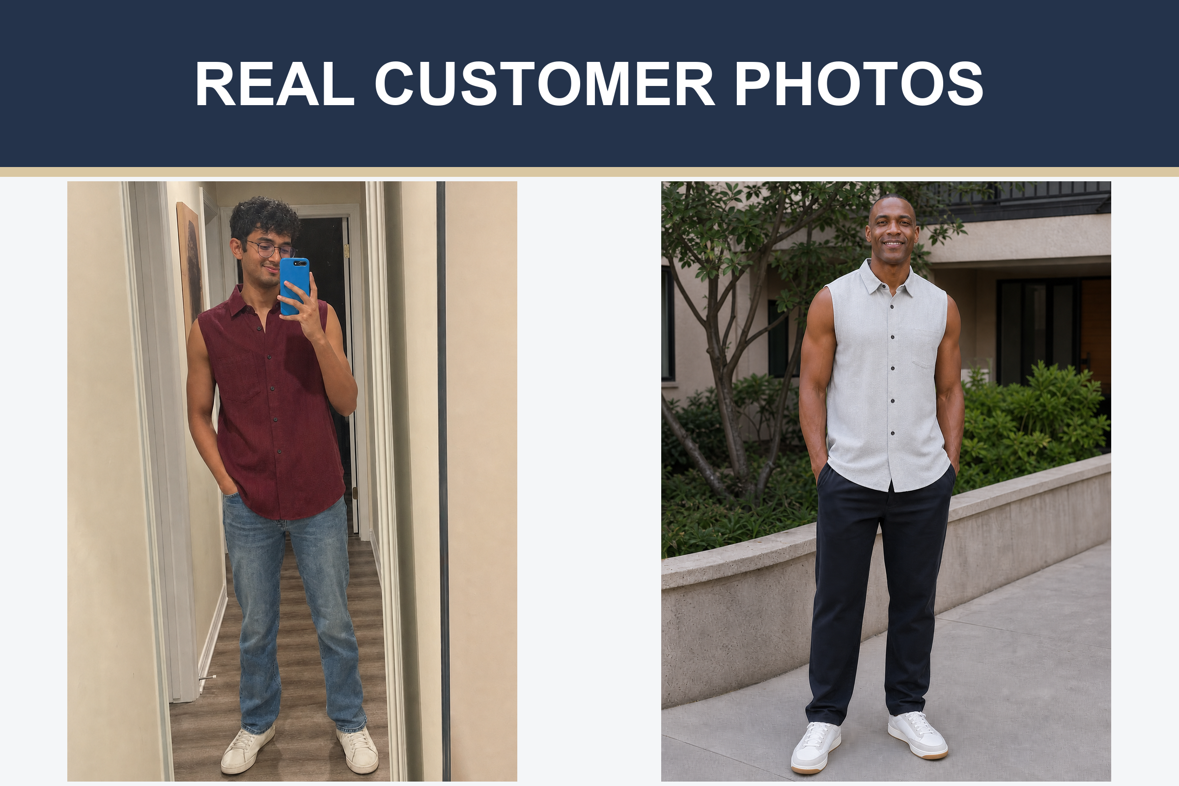 Real customer photos wearing burgundy and light gray sleeveless shirts