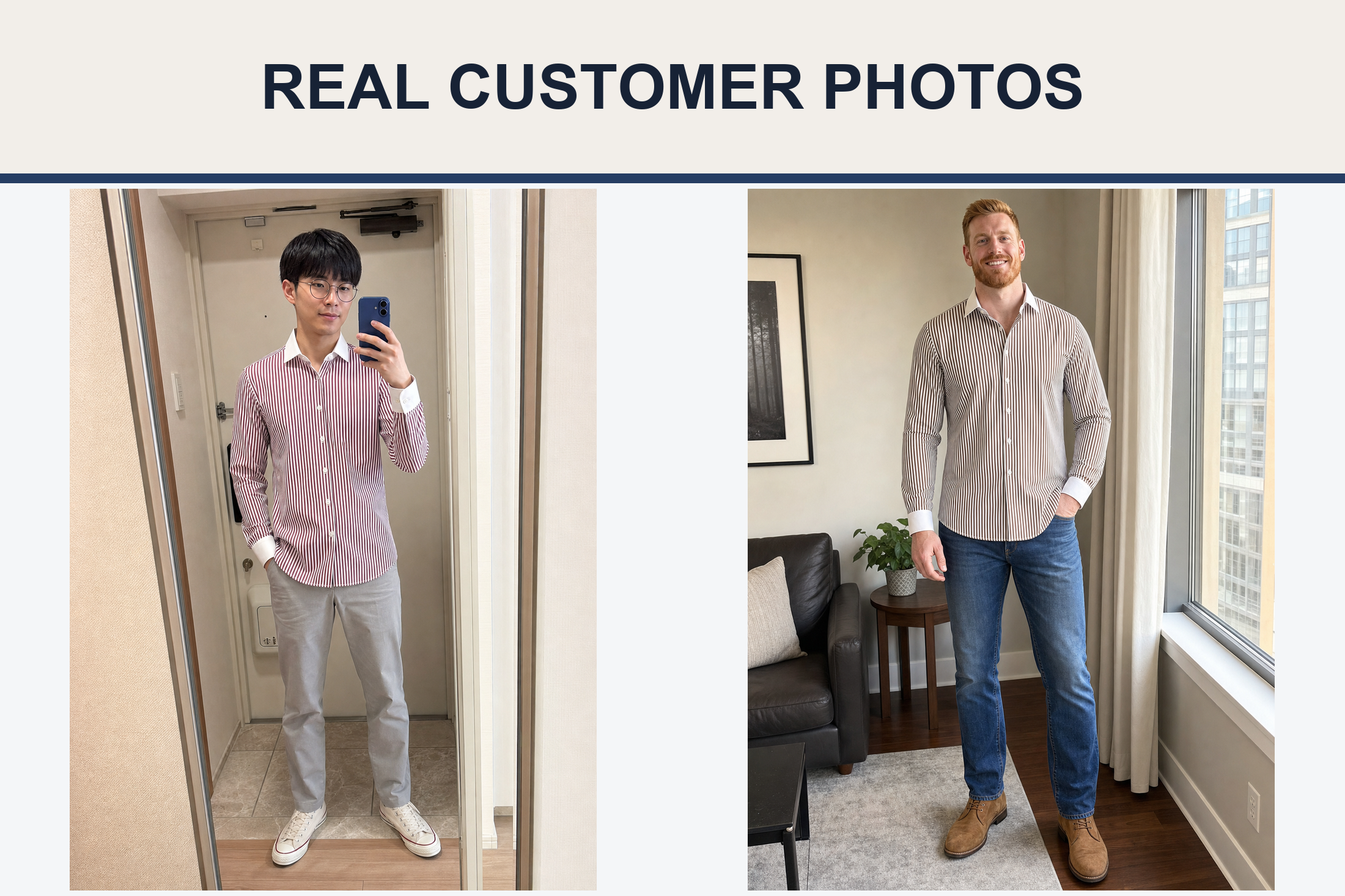 Real customer photos wearing burgundy and brown stripe shirts