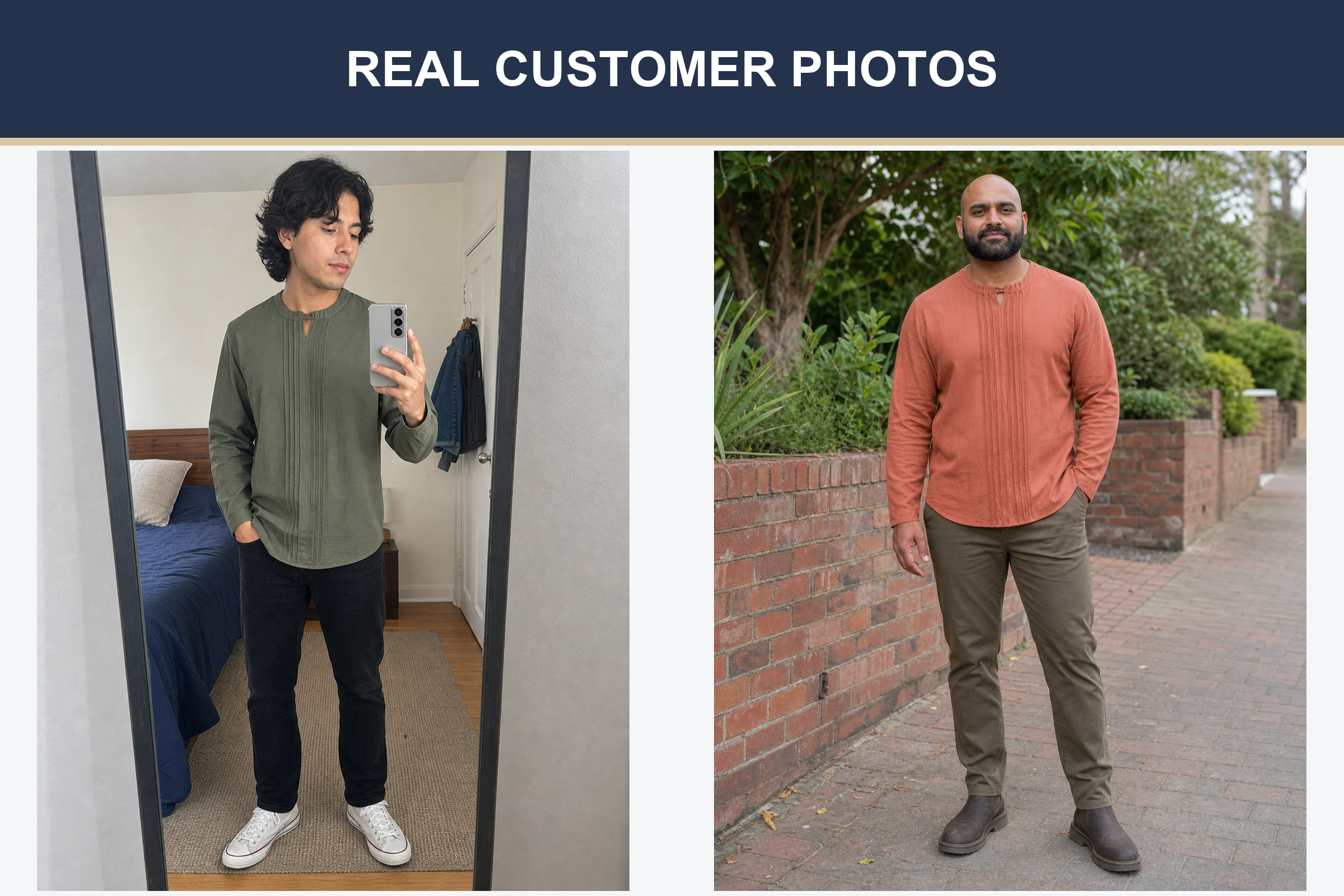 Real customer pintuck shirt photos in olive and terracotta
