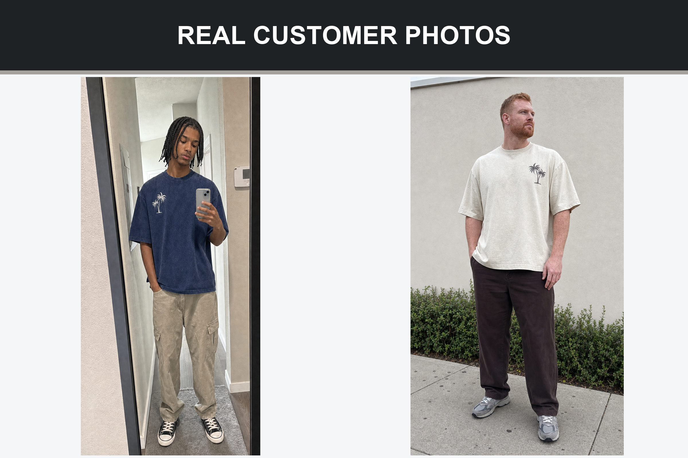 More real customer photos wearing the washed palm graphic oversized T-shirt