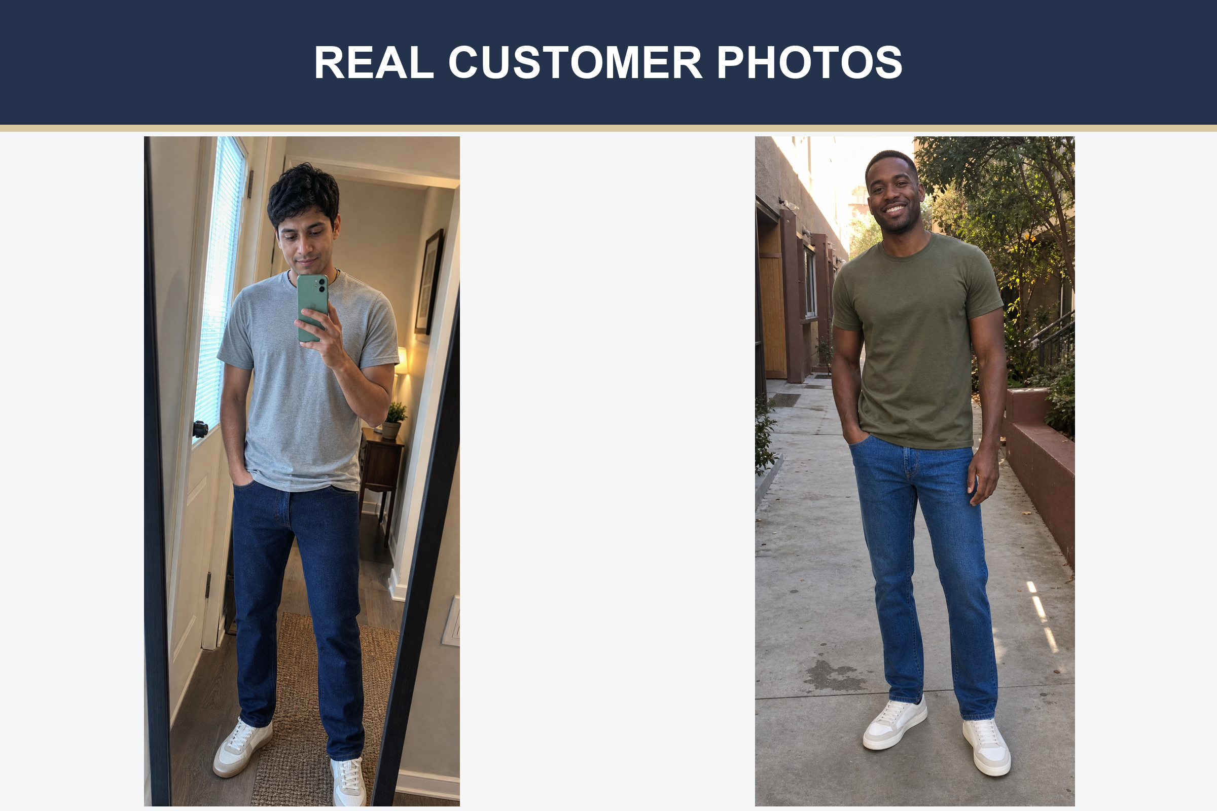 Real customer photos showing men's jeans fit