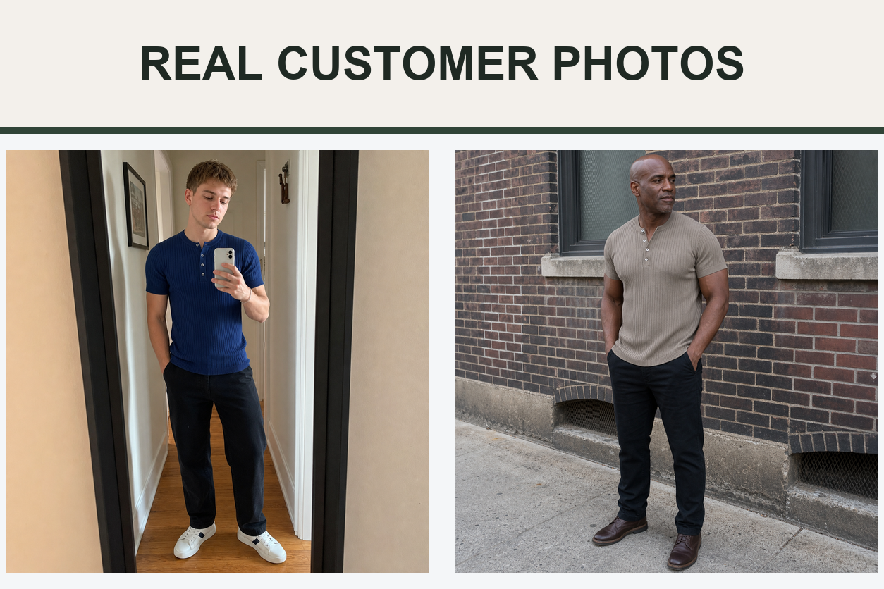 Real customer photos wearing cobalt blue and warm taupe fitted Henley shirts