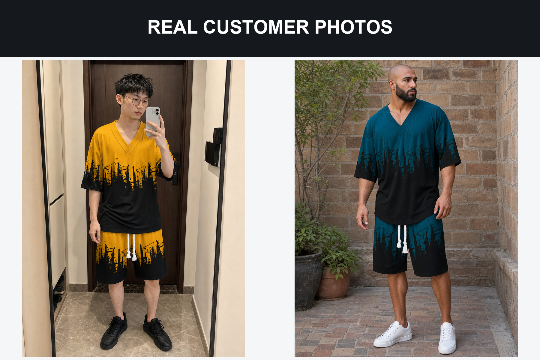 Real customer photos wearing yellow and teal city print sets