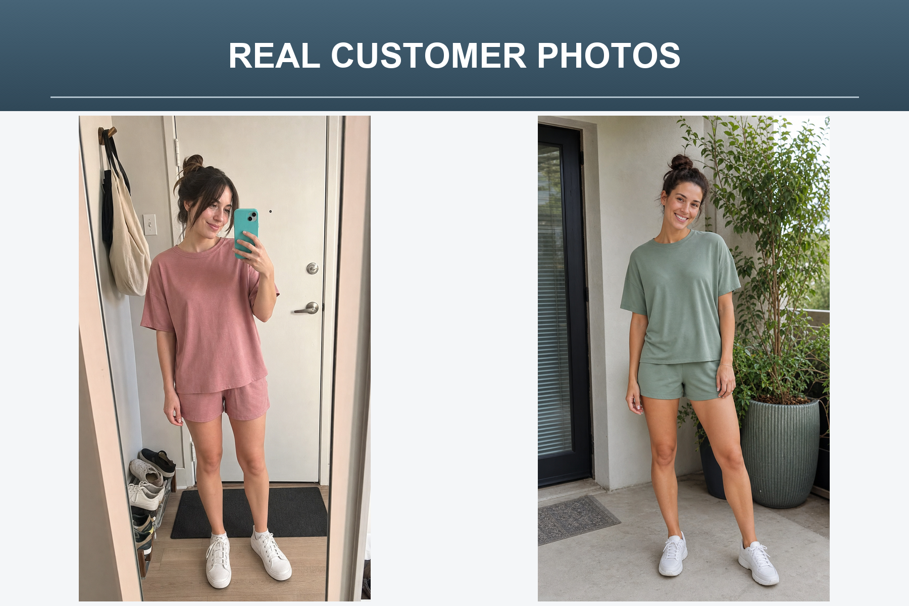 Real customer photos wearing relaxed lounge sets in casual settings