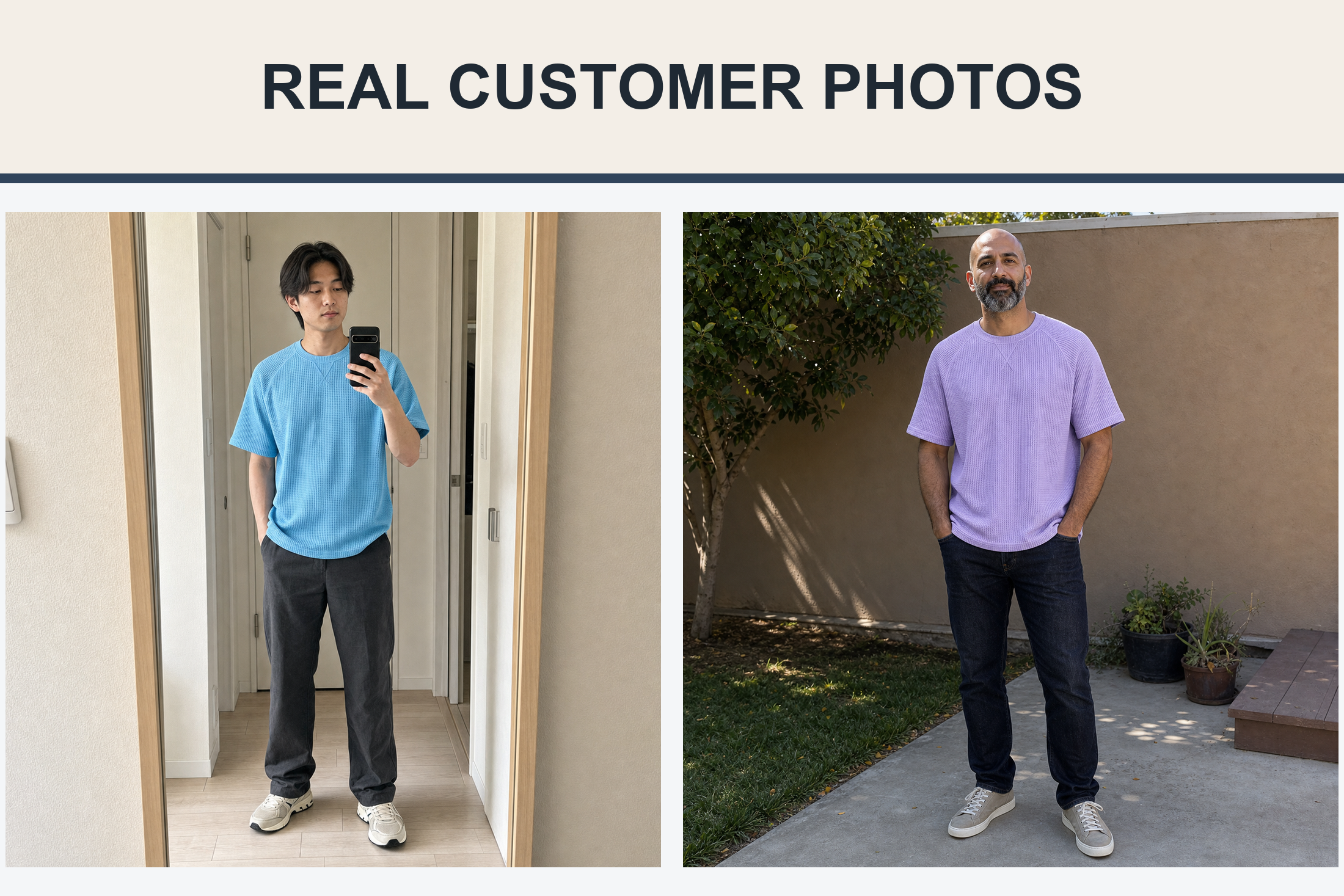 Real customer photos wearing blue and lavender waffle raglan T-shirts
