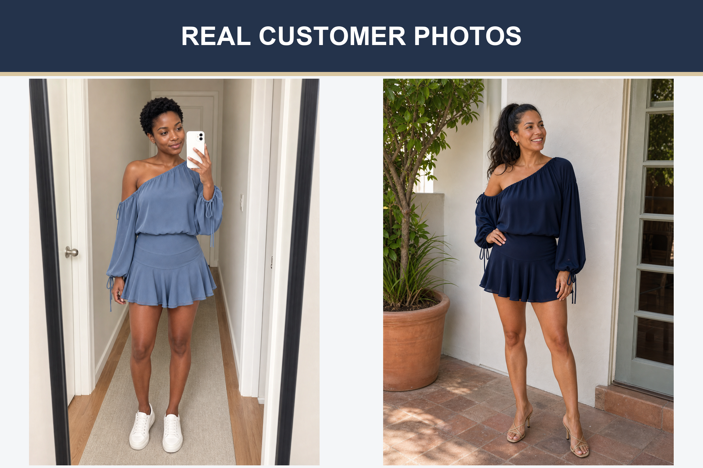 Real customer photos in dusty blue and navy one-shoulder sets