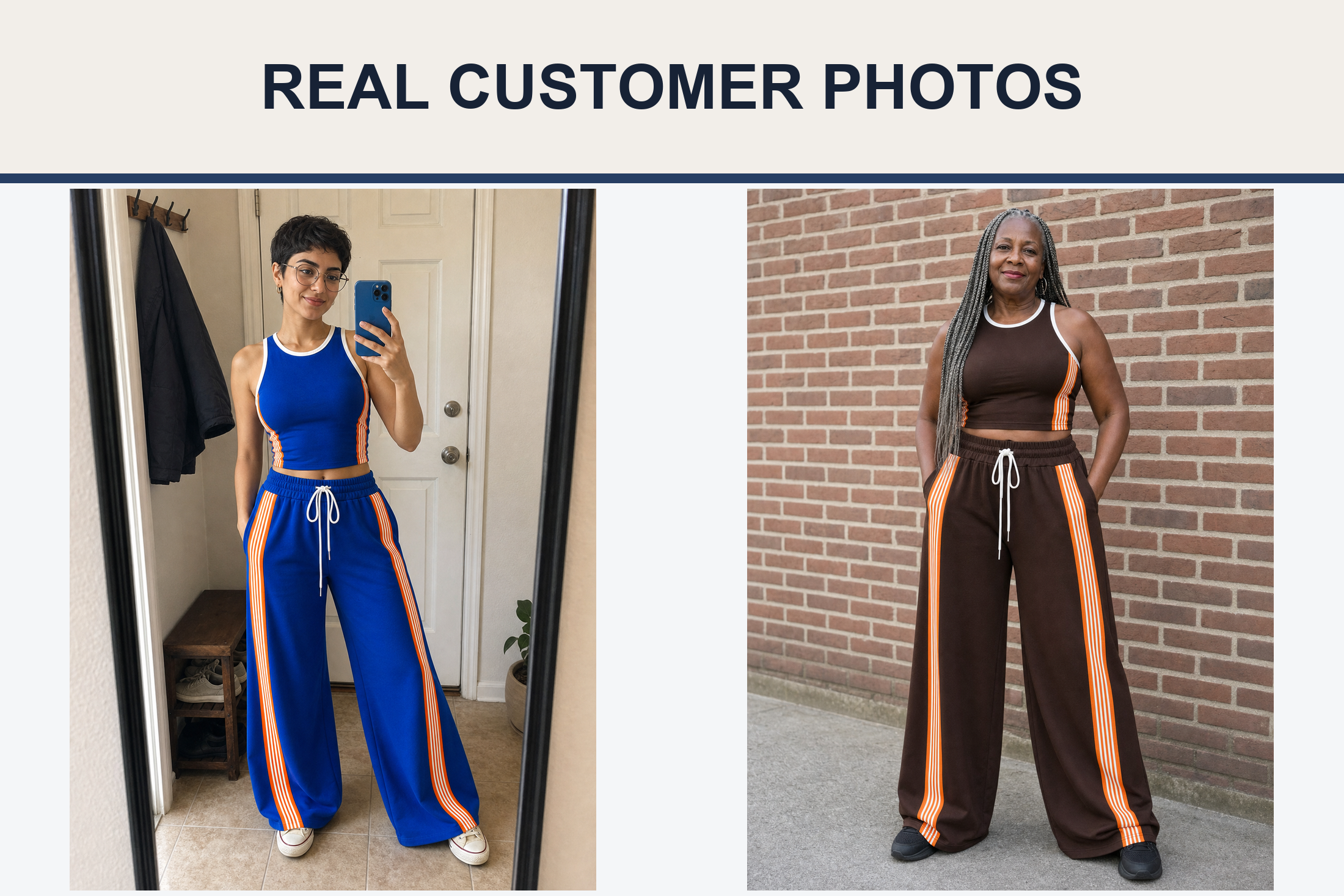 Real customer photos wearing royal blue and brown wide-leg sets