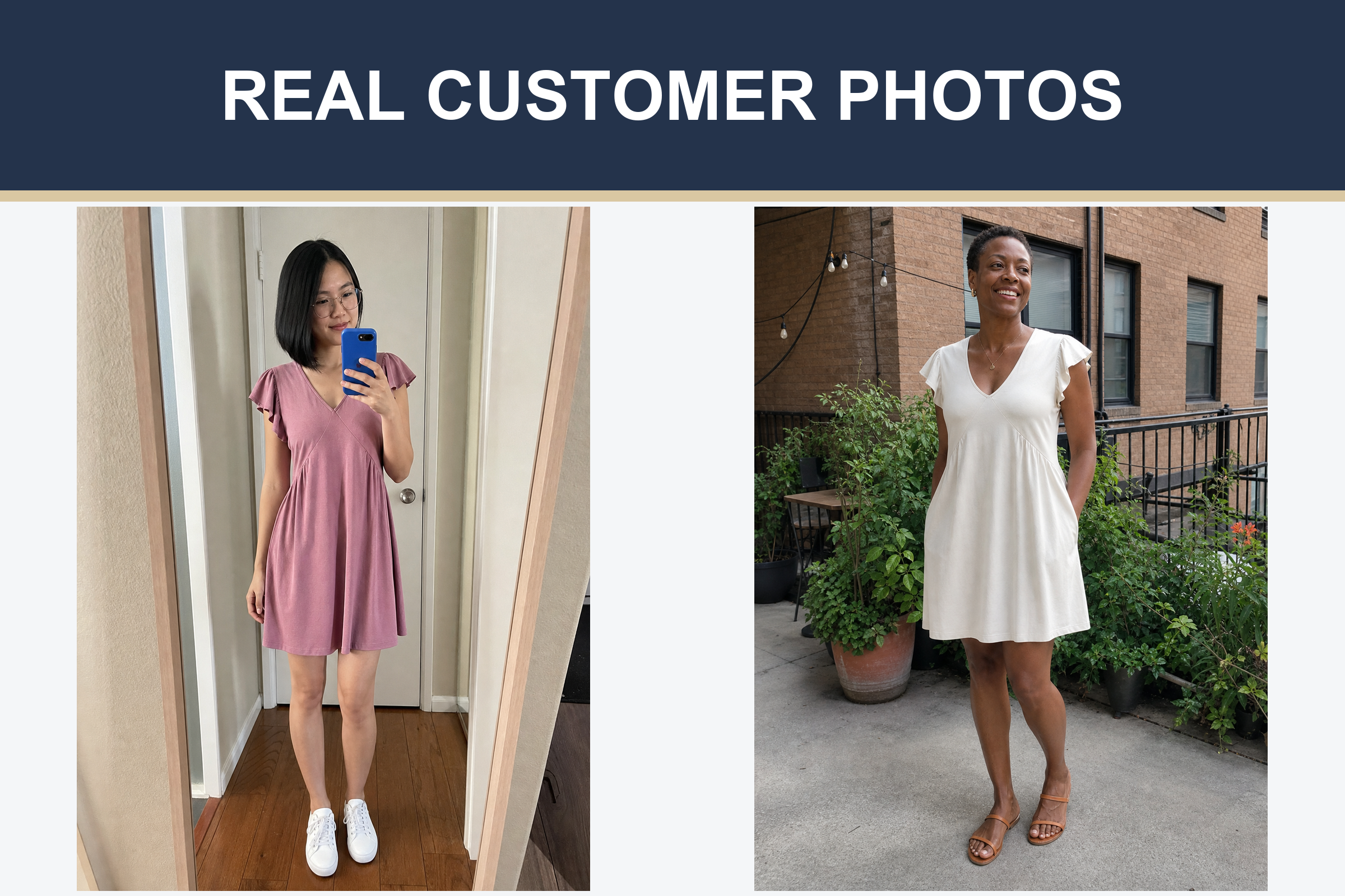 Real customer photos wearing dusty rose and ivory empire dresses