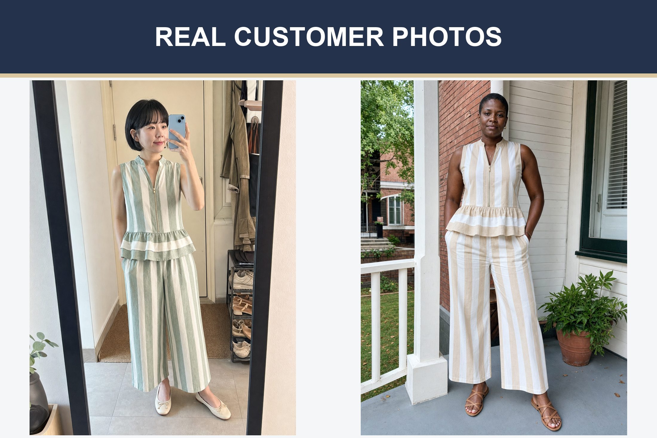 More real customer photos wearing the striped zip peplum set