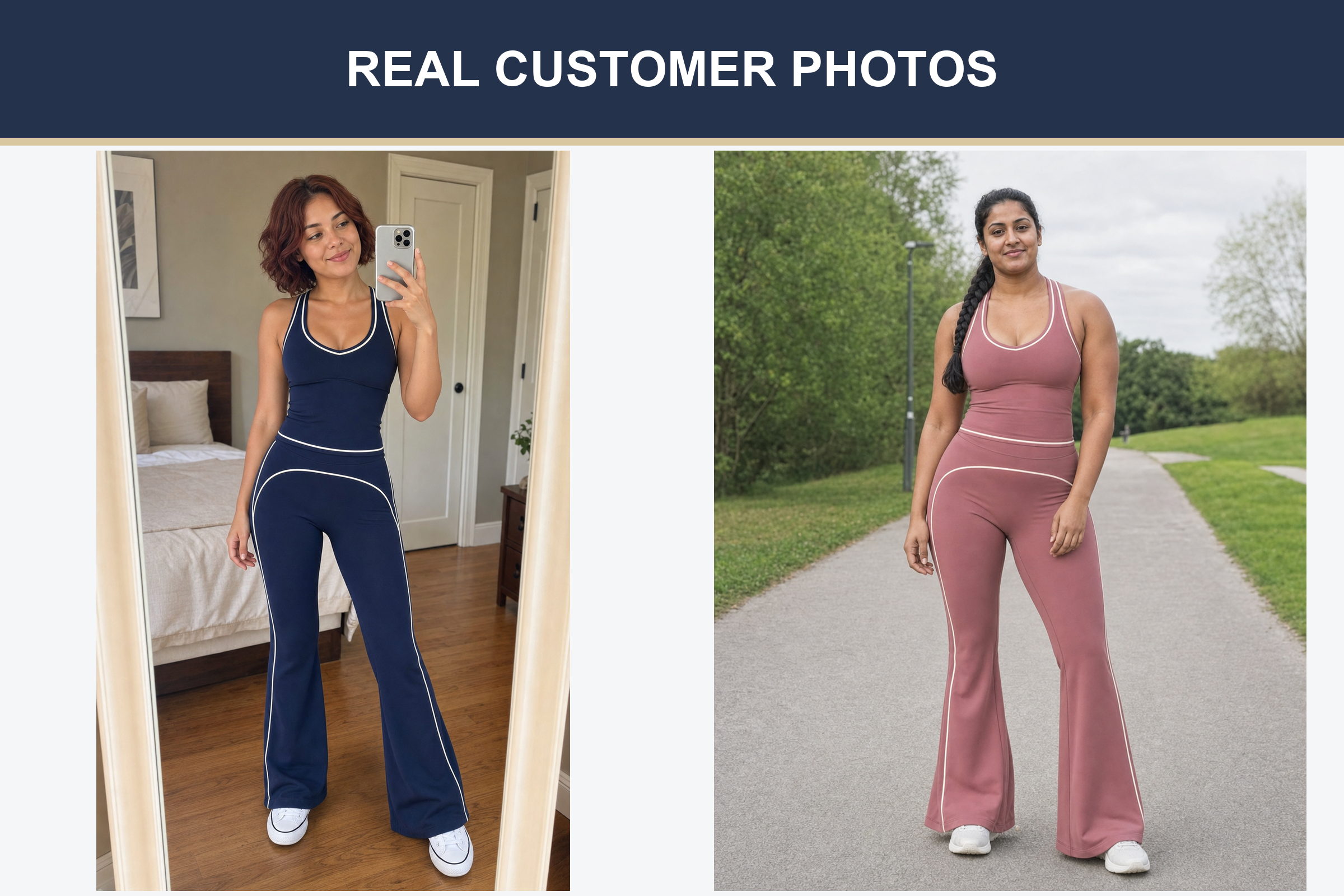 Real customer flare active set photos in navy and dusty rose