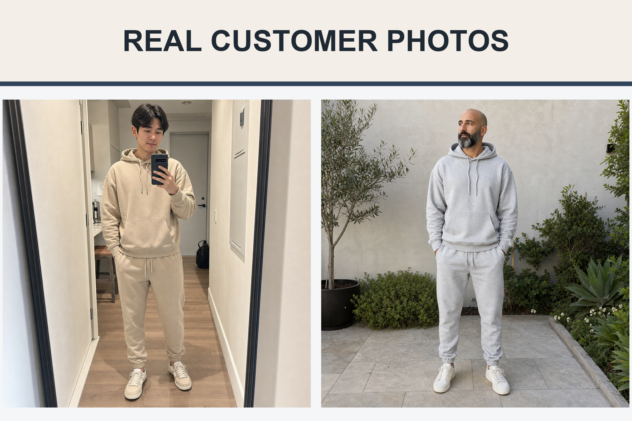 Real customers wearing beige and gray hoodie jogger sets