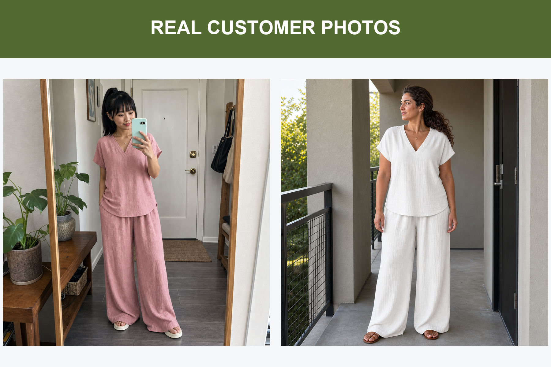 Real customer photos wearing dusty rose and white crinkle sets