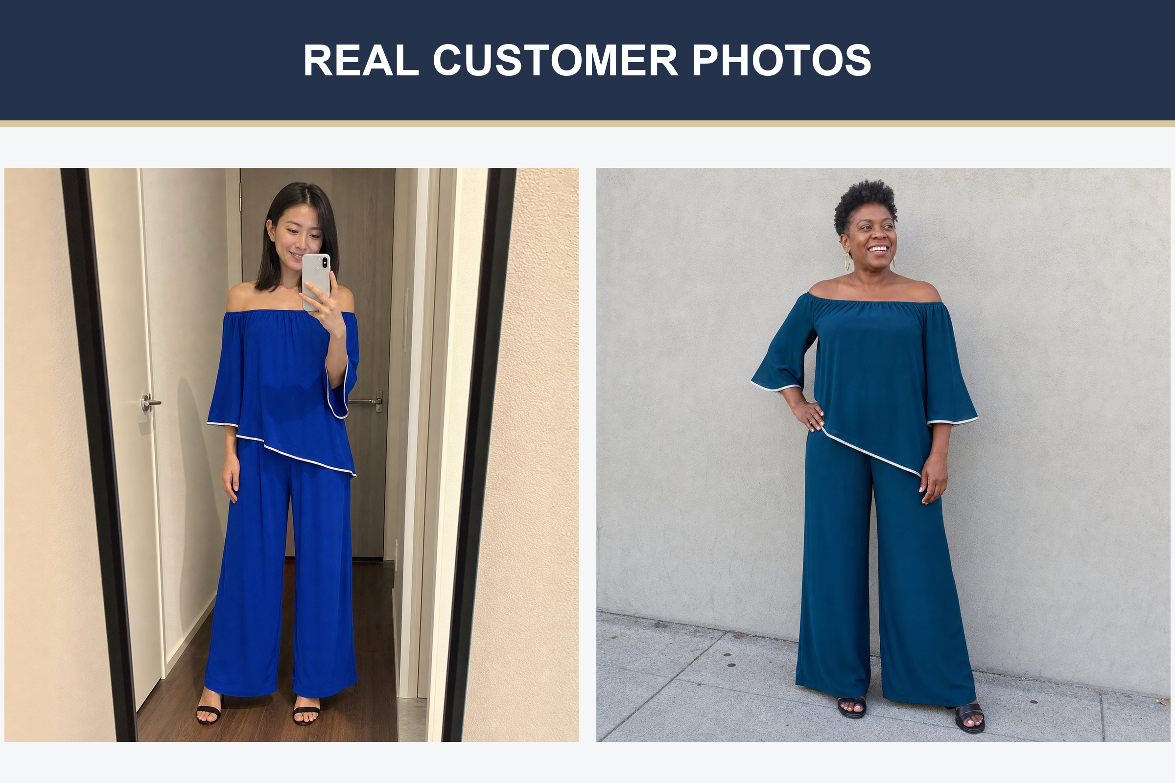 Real customer photos wearing royal blue and deep teal off-shoulder sets