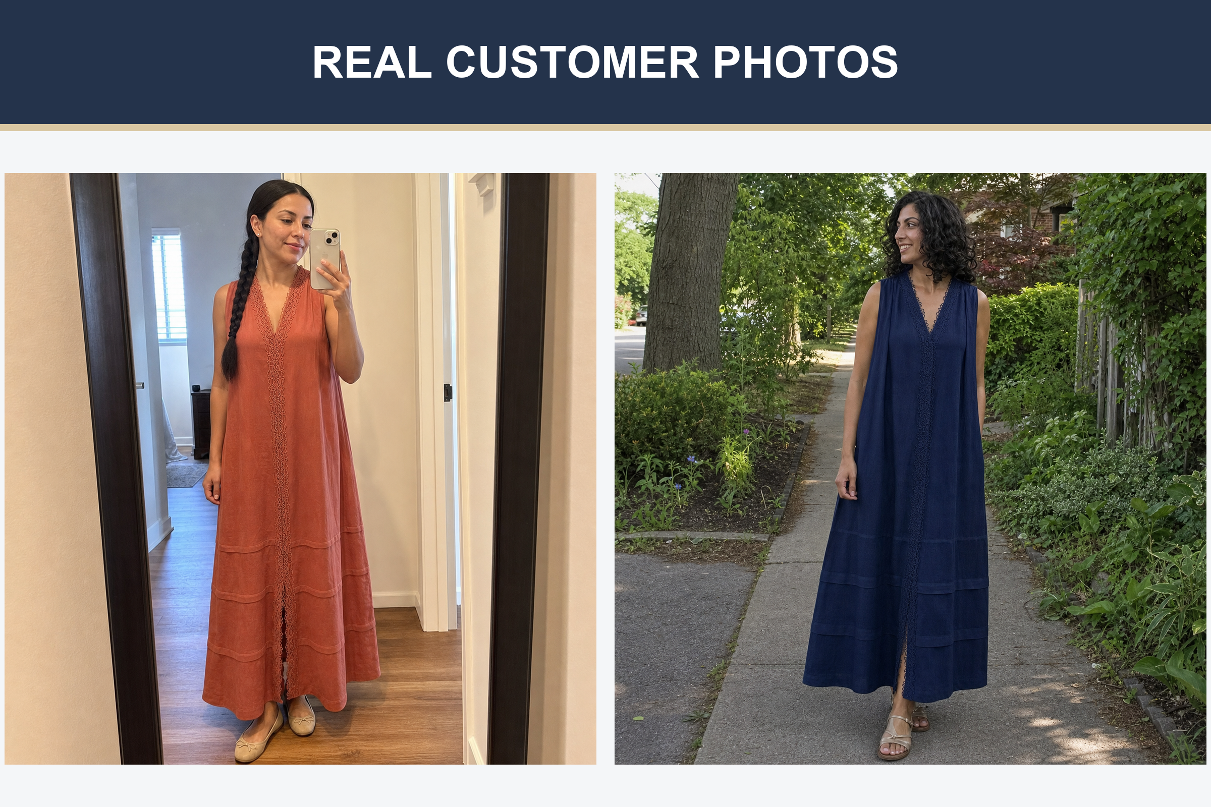 Real customer photos in terracotta and navy lace-trim maxi dresses