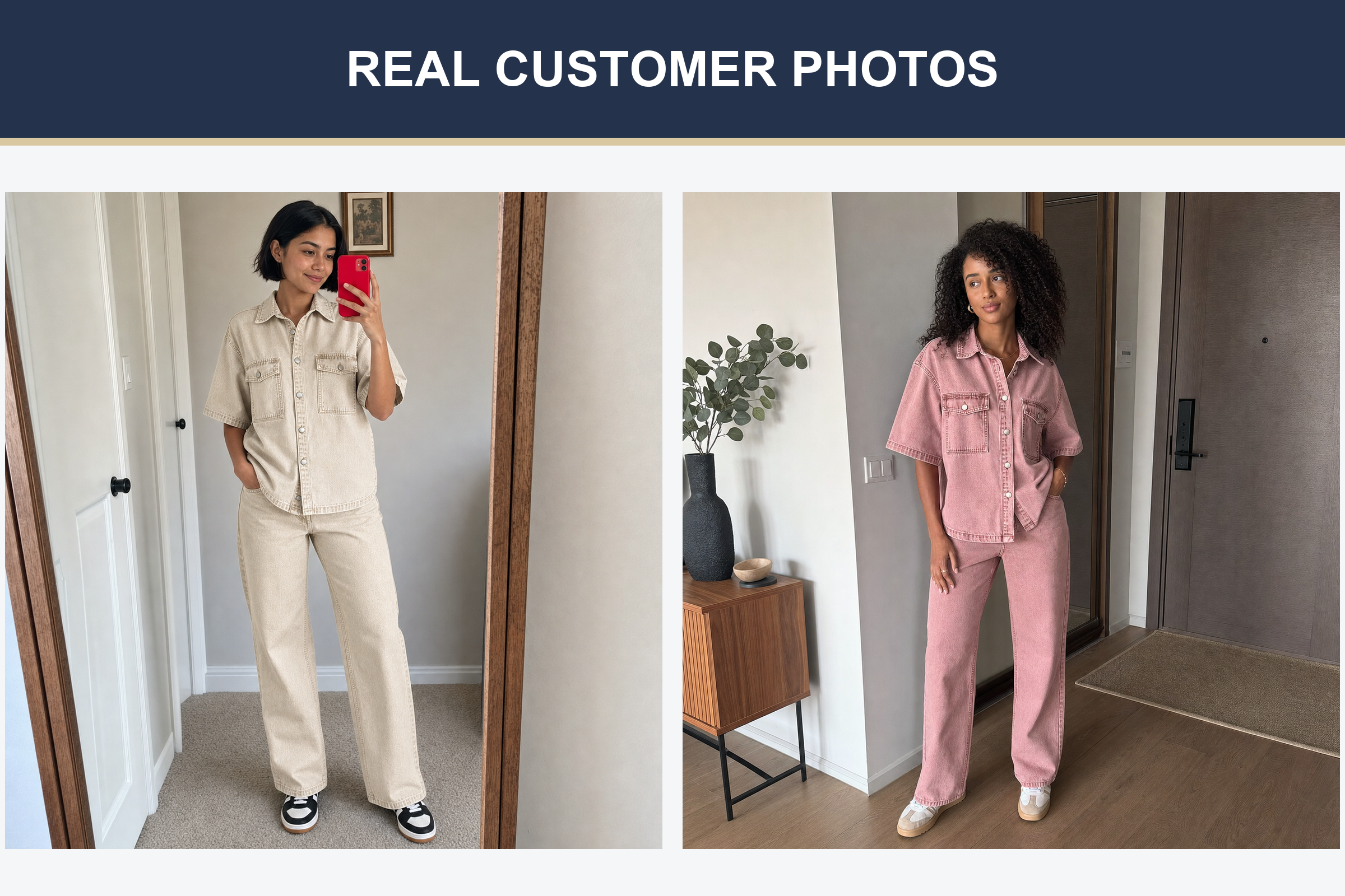 More real customer photos wearing the relaxed denim set