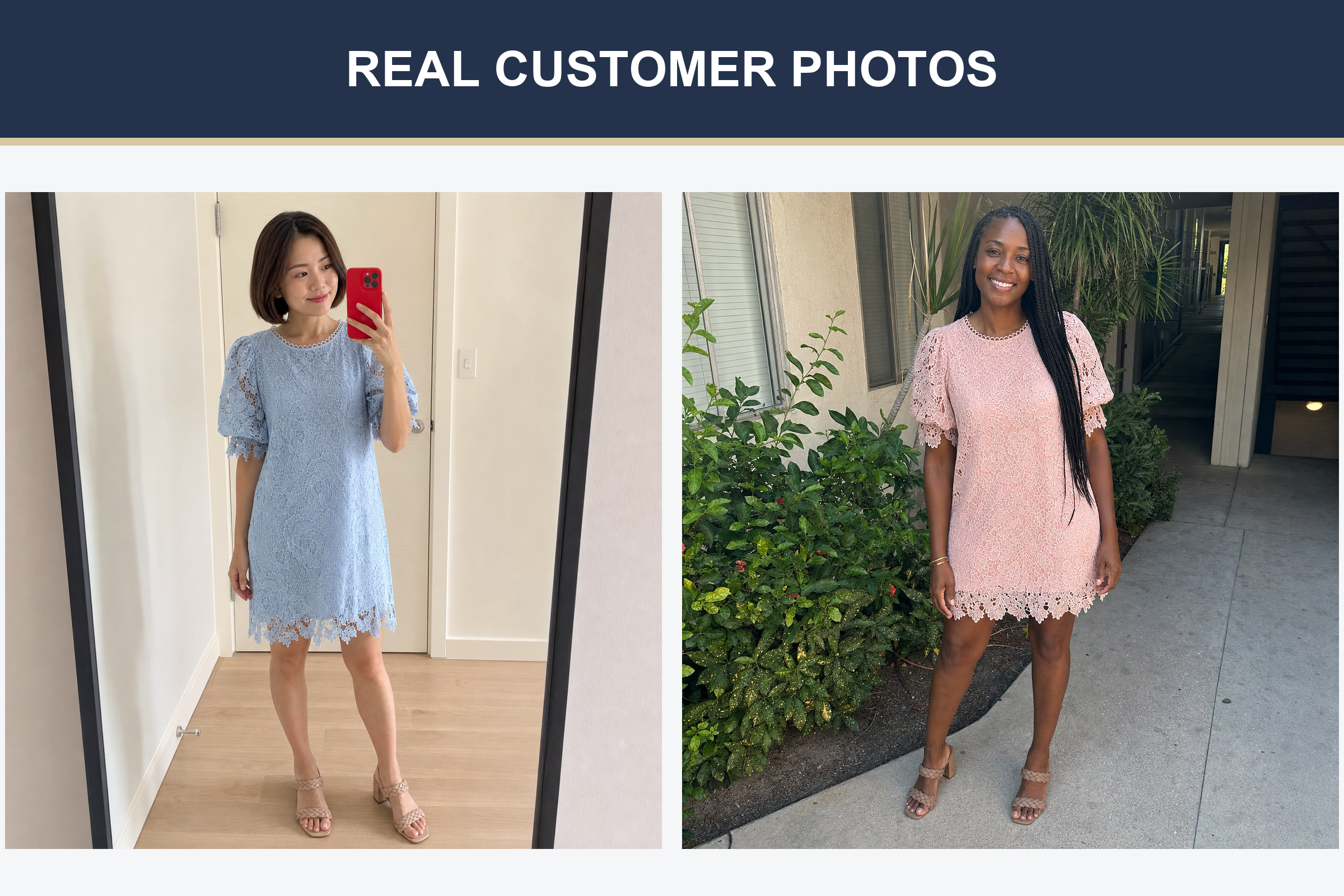 Real customer photos wearing powder blue and blush floral lace dresses