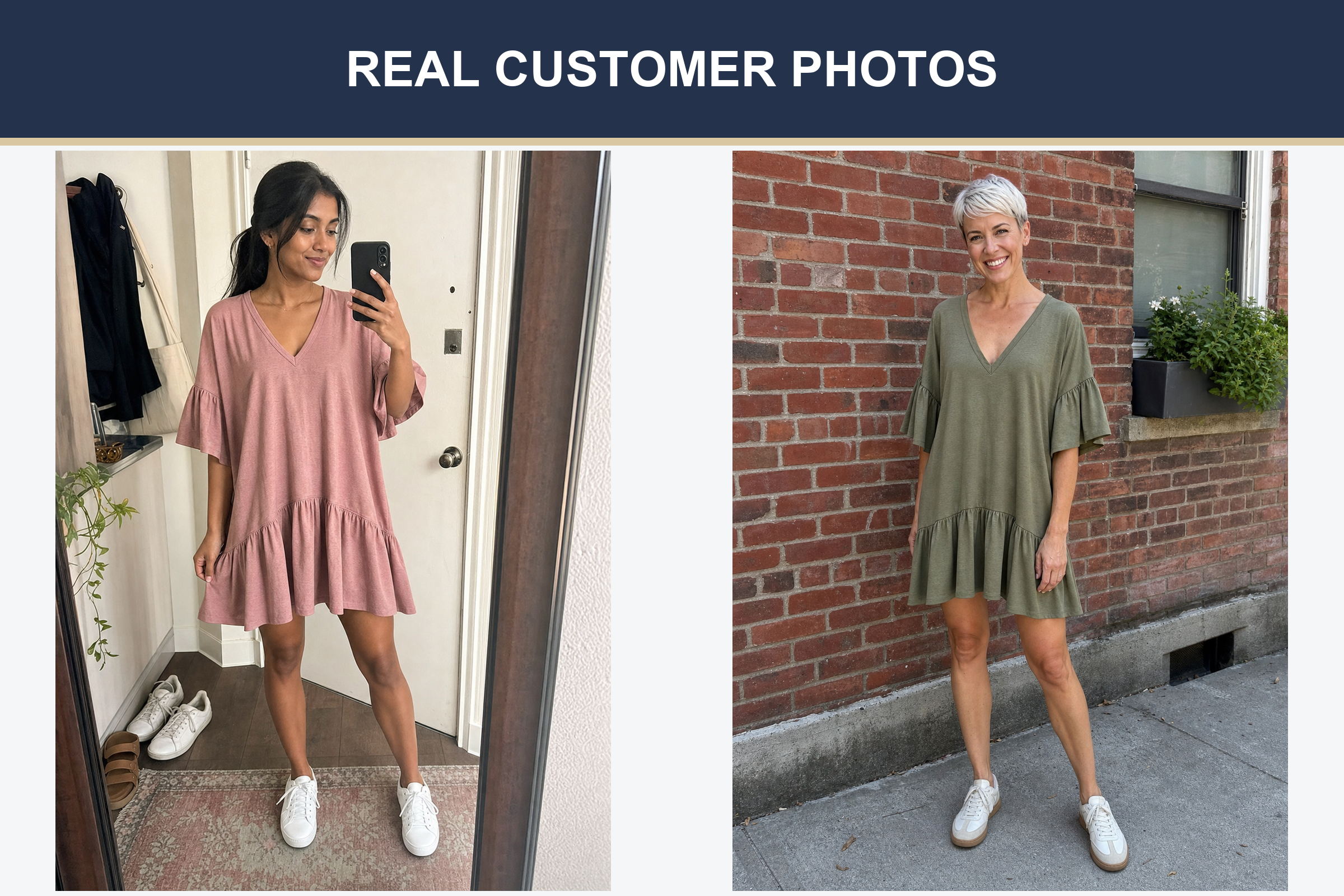 Real customer ruffle dress photos in dusty rose and olive