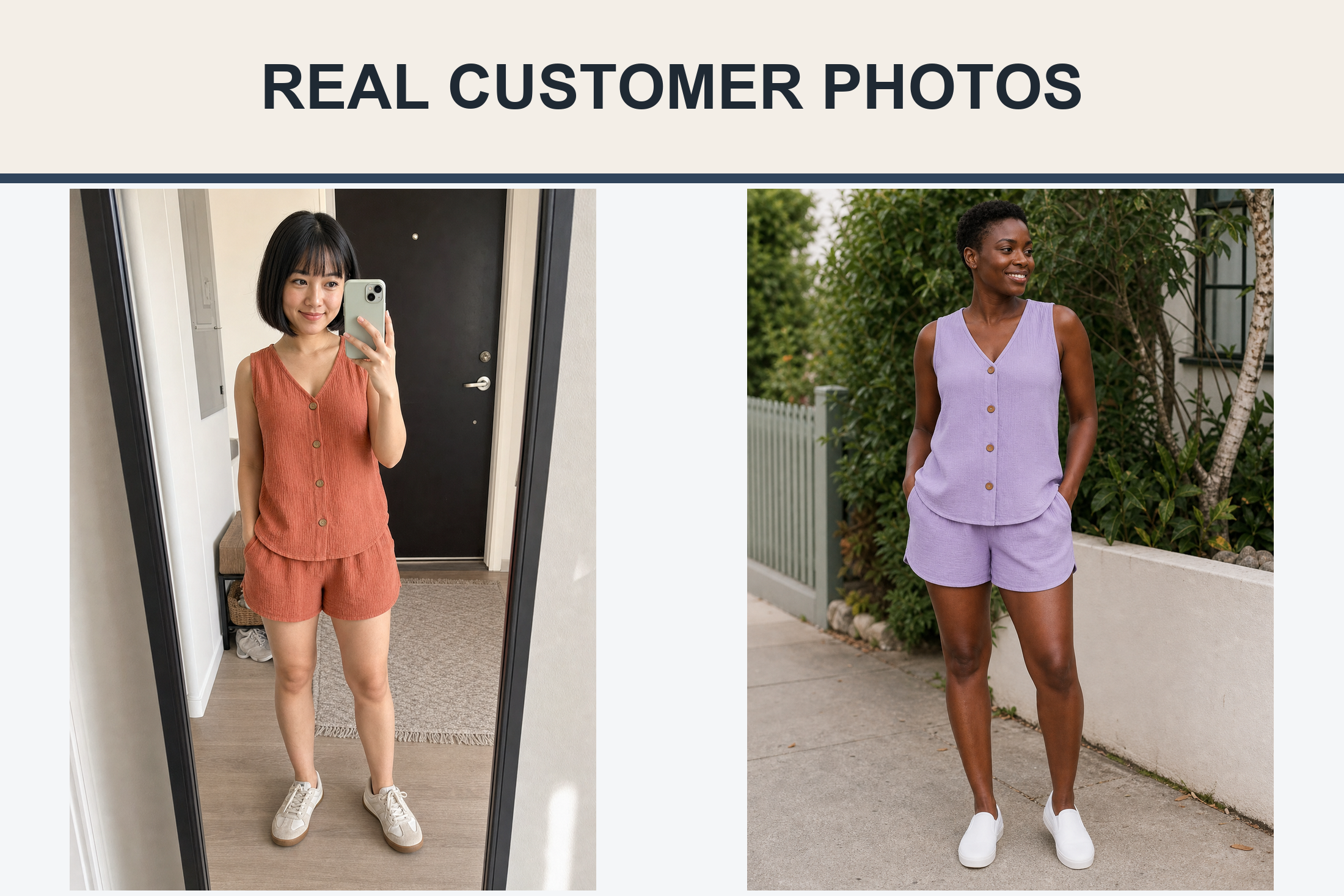 Real customer photos wearing terracotta and lavender crinkle shorts sets