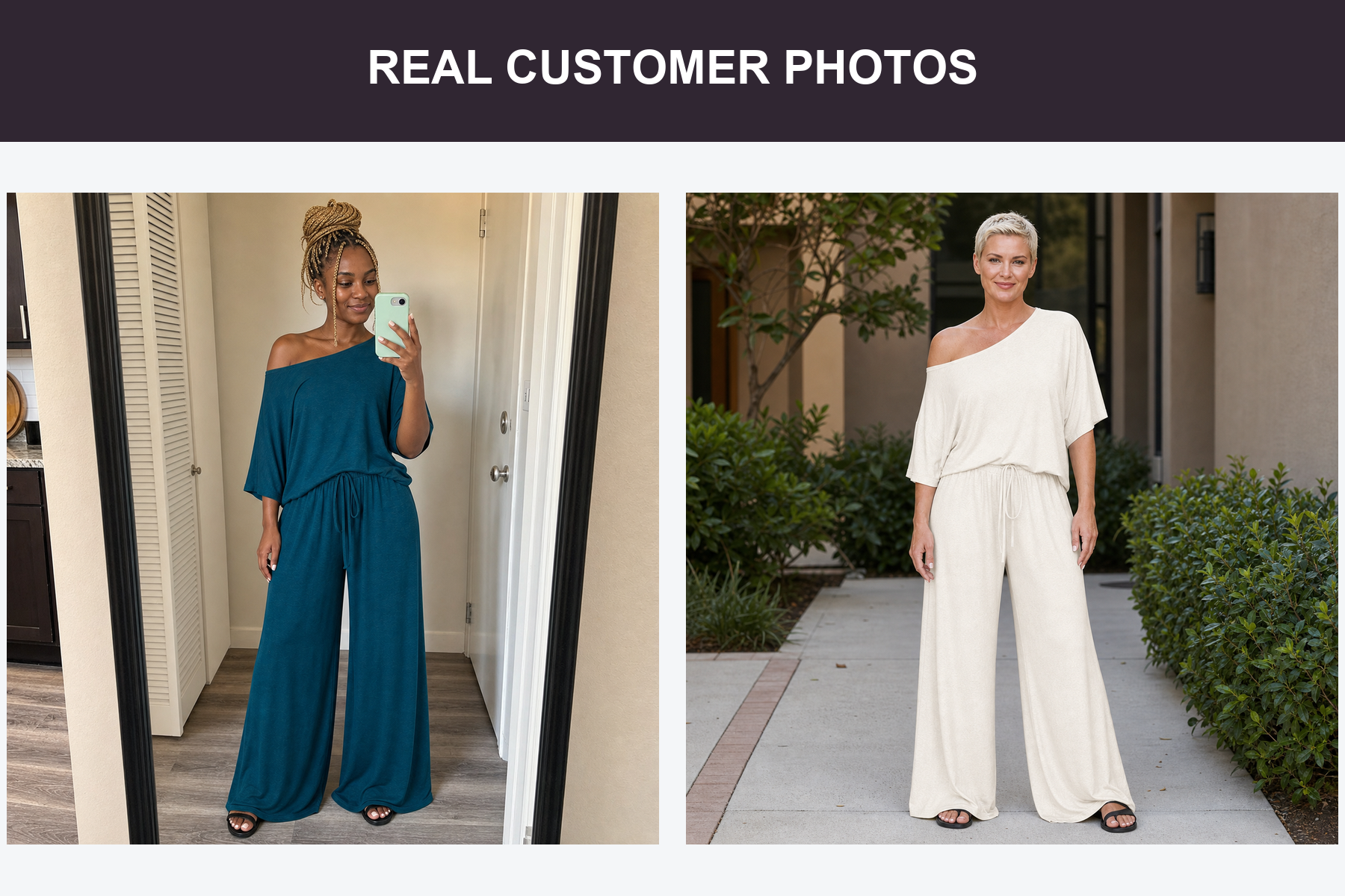 Real customer photos wearing teal and cream sets