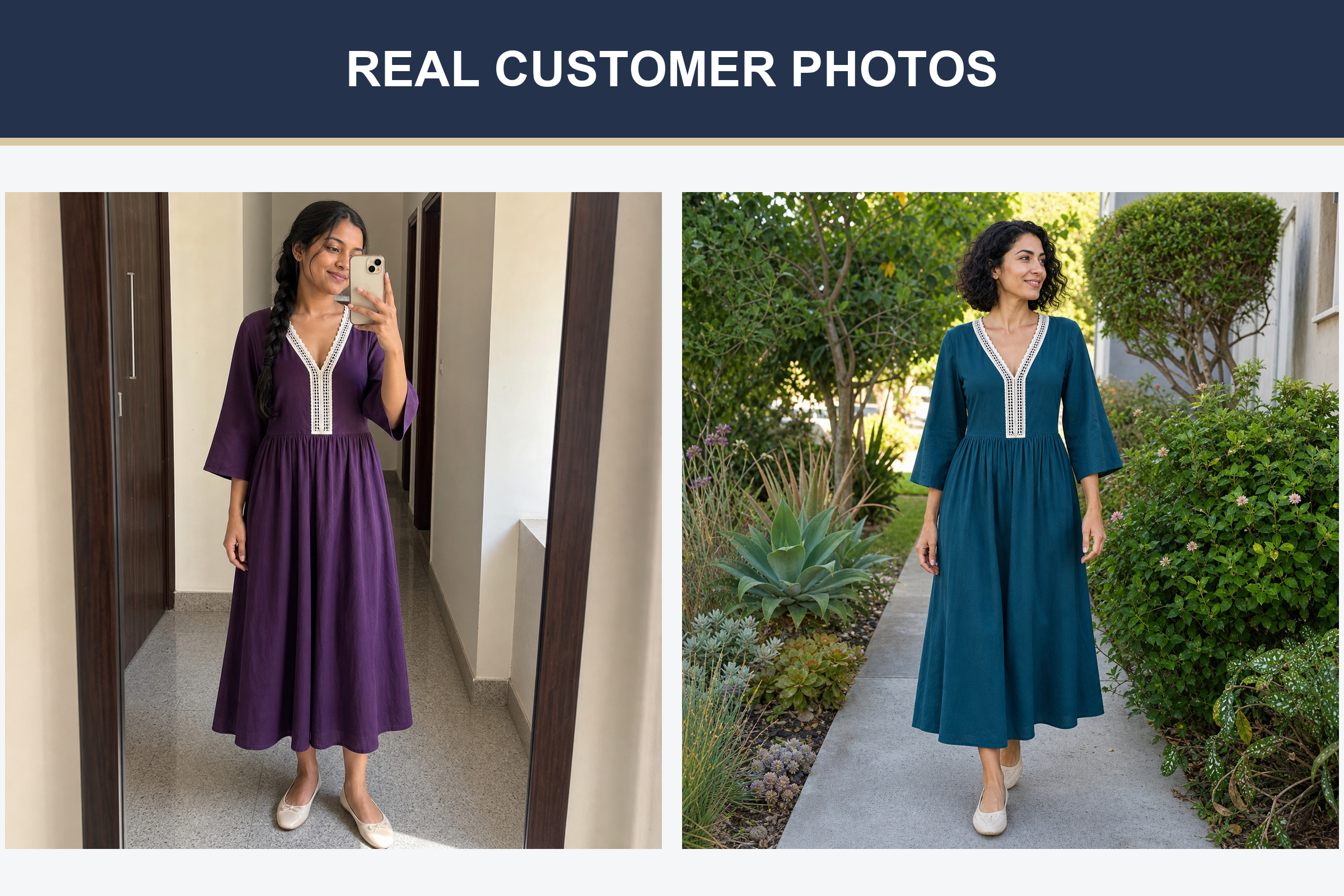 Real customer photos in plum and deep-teal dresses