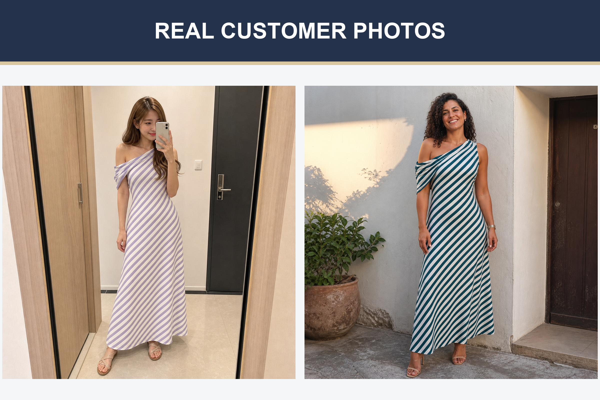 Real customer photos wearing lavender and deep teal stripe maxi dresses
