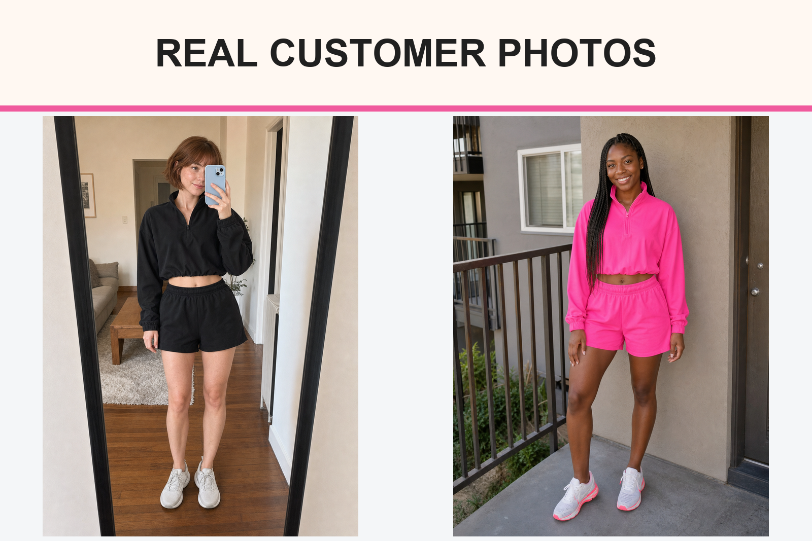 Real customer photos wearing black and hot pink shorts sets