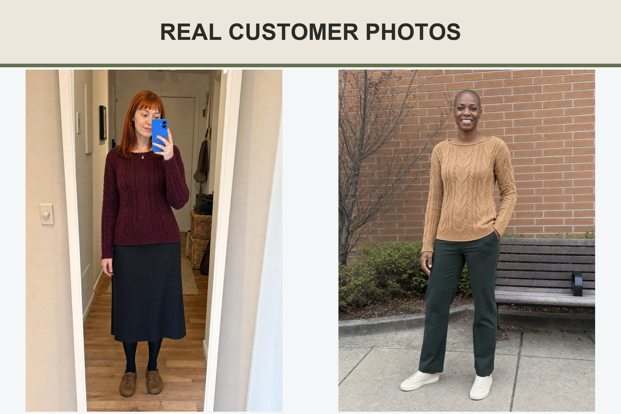 Real customer photos wearing burgundy and camel cable knit sweaters