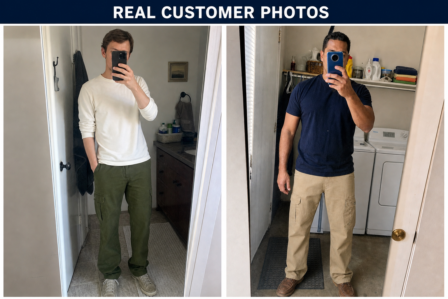Real customer photos wearing olive and khaki cargo pants