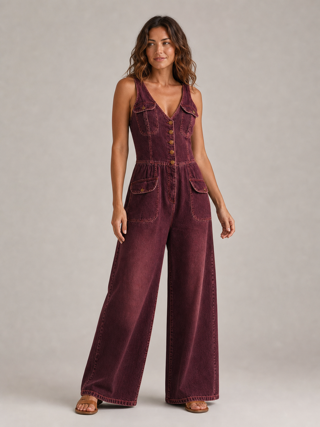 Women's burgundy denim wide-leg jumpsuit